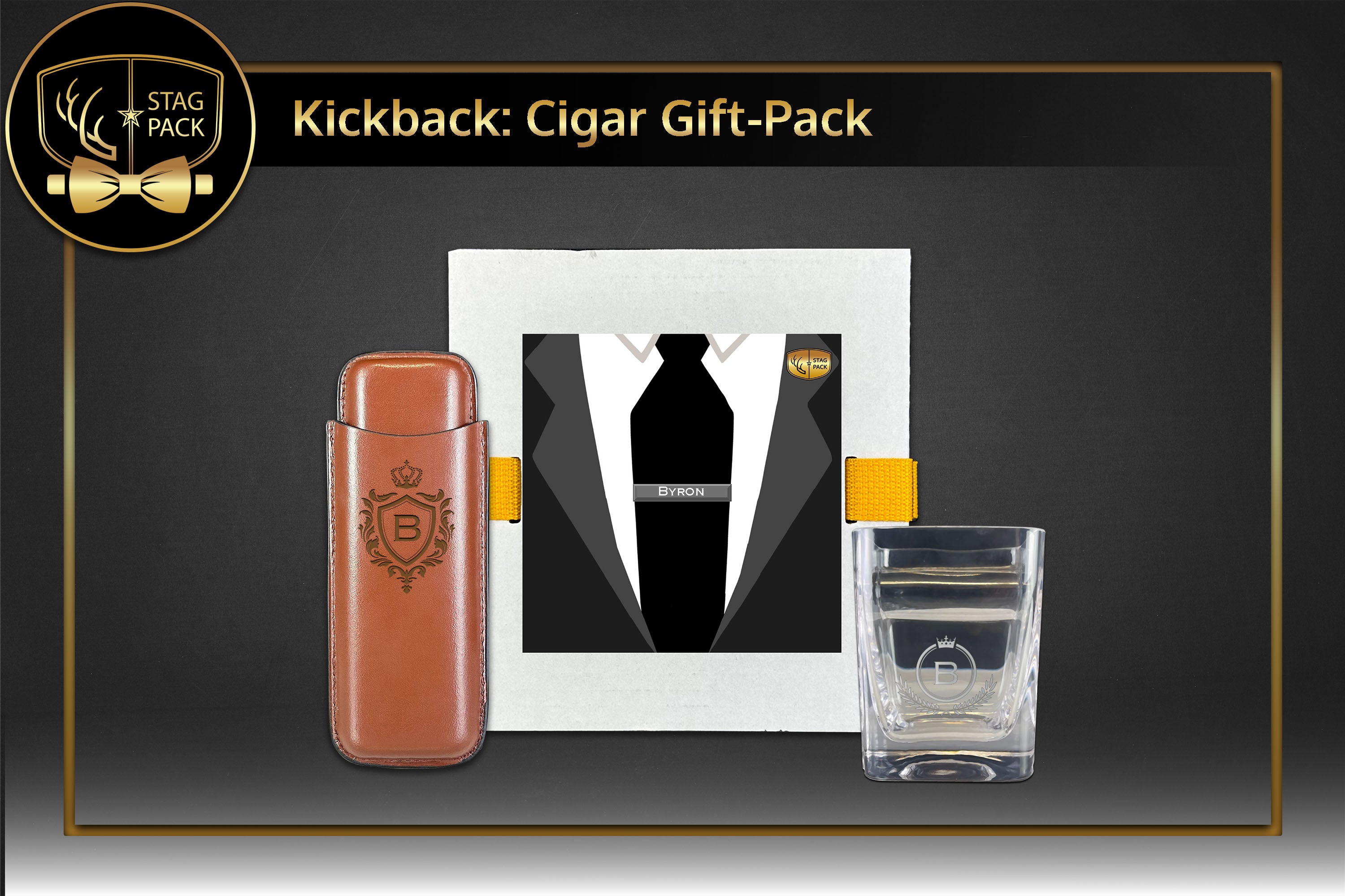 Kickback includes Custom Engraved Groomsmen Cigar Glass and Dual Sleeve Cigar Case in a Personalized Gift Box.