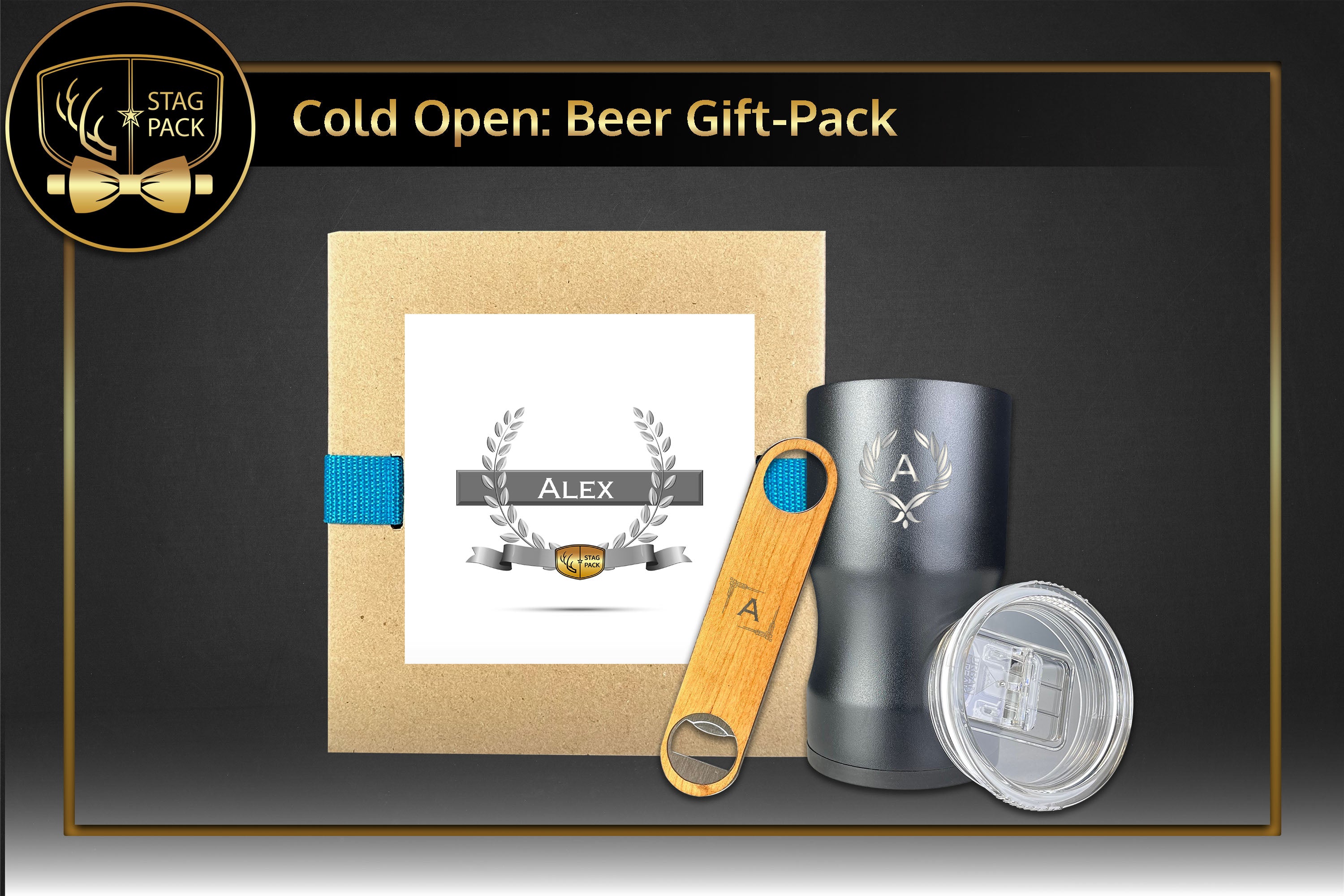 Custom Engraved Groomsmen Gift with 3 in 1 Koozie and Wooden Bottle Opener in a personalized Gift box.