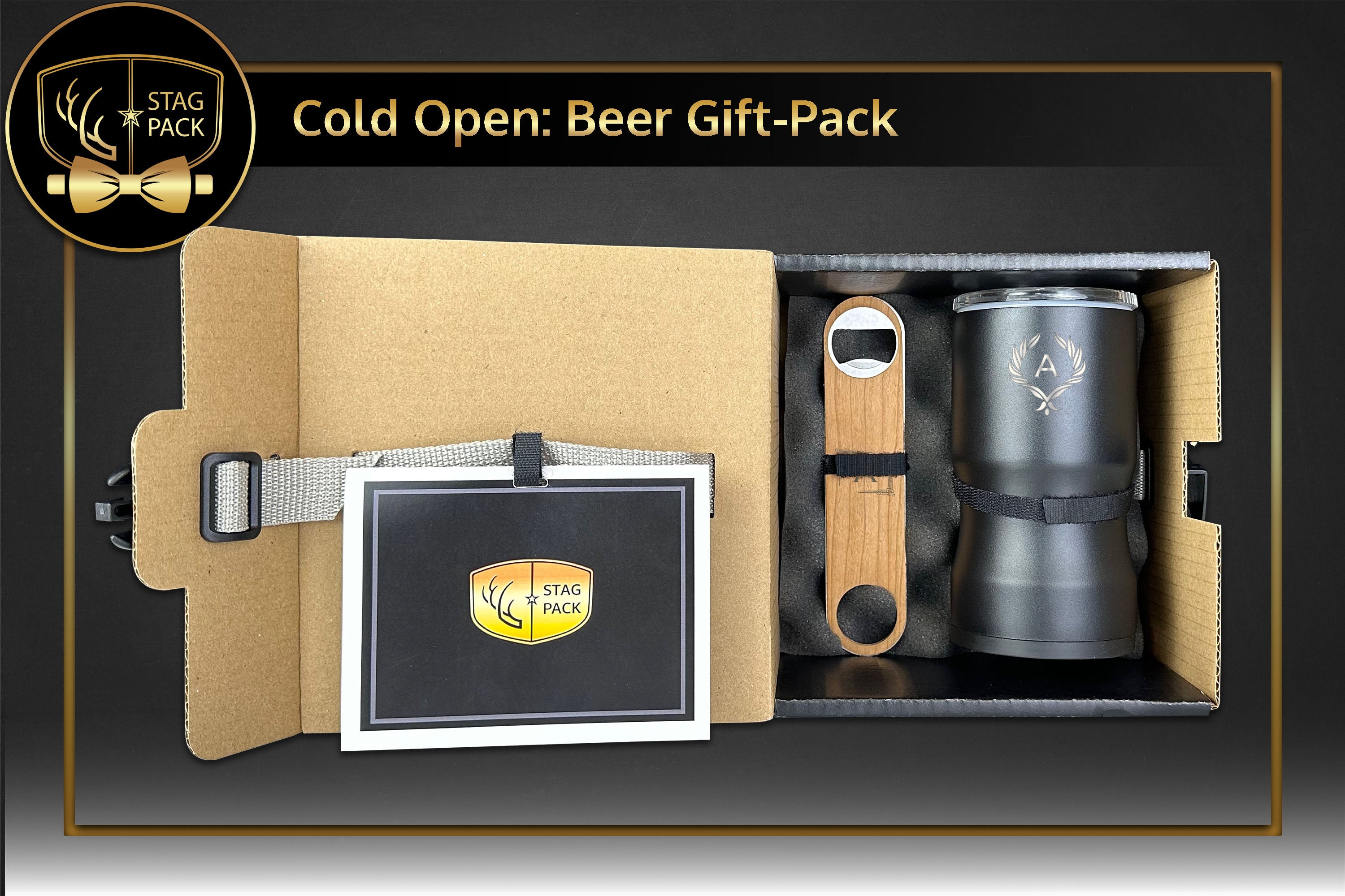 Custom Engraved Groomsmen Gift with 3 in 1 Koozie and Wooden Bottle Opener in a Personalized Gift Box.