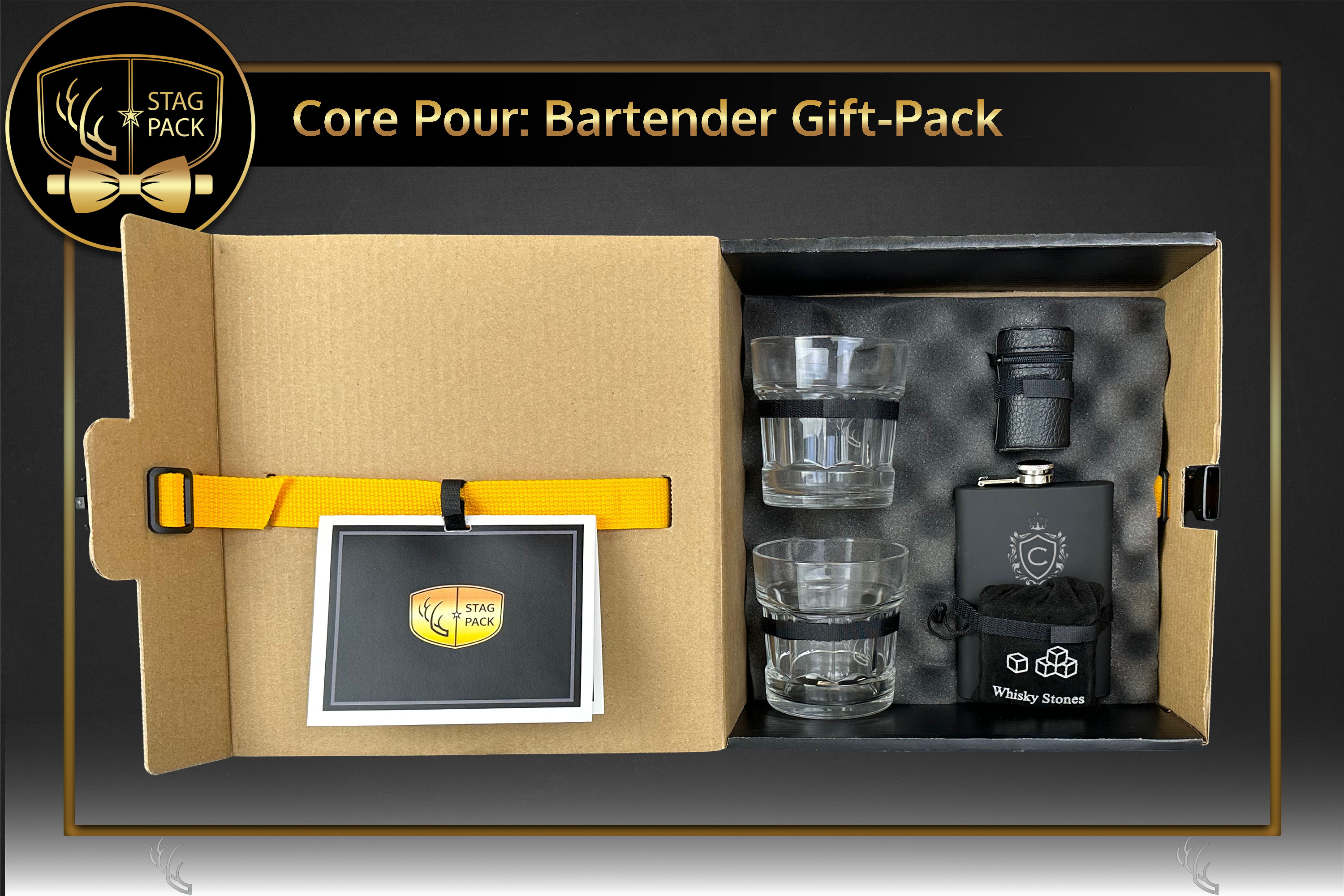 Custom Engraved Groomsmen Gift with Flask, 2 Whiskey Glasses, and a Shot Glass Set in a Personalized Gift Box.