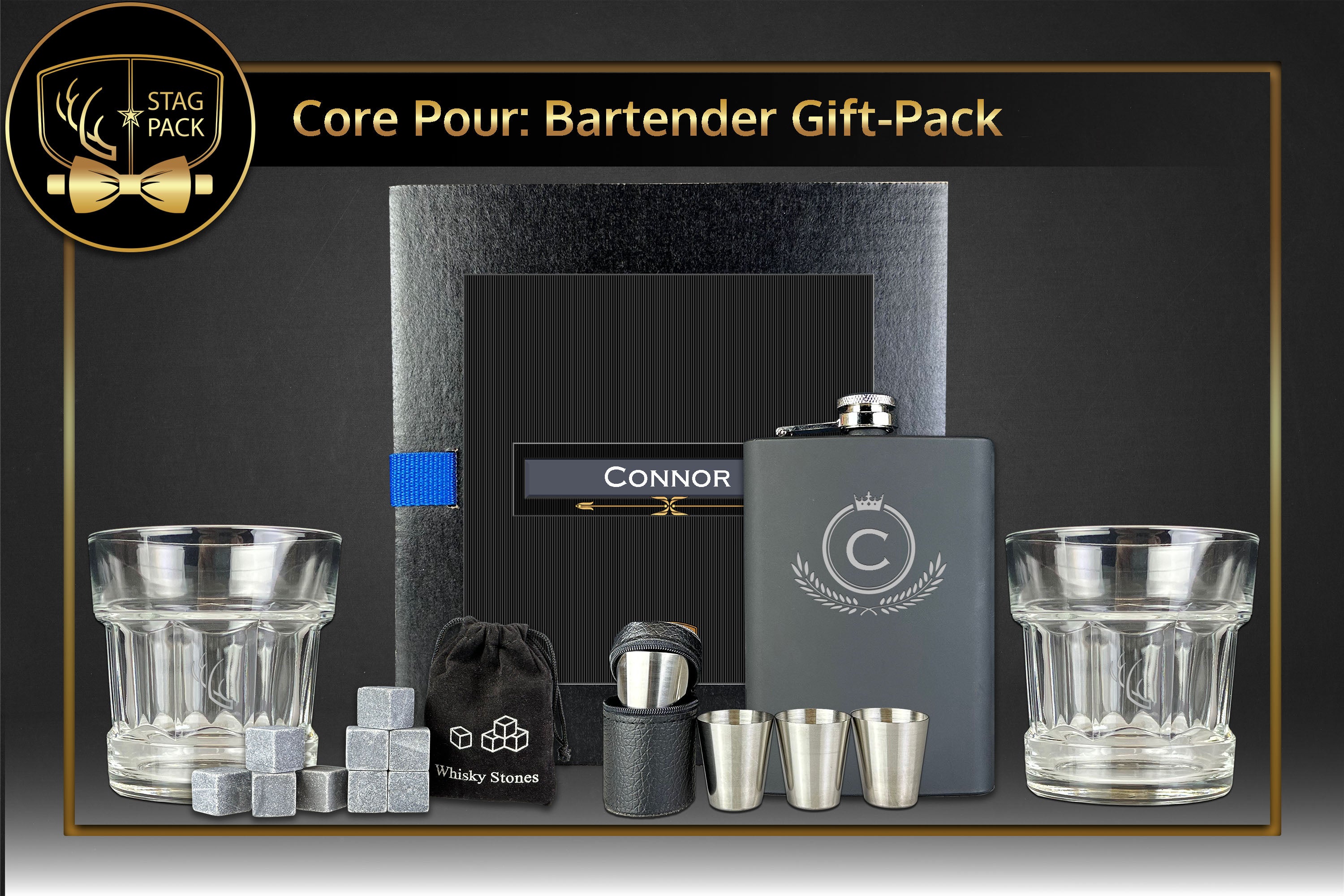 Custom Engraved Groomsmen Gift with Flask, 2 Whiskey Glasses, and a Shot Glass Set in a Personalized Gift Box.