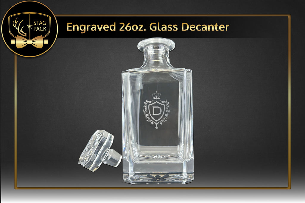 Custom Engraved Groomsmen Gift includes 26oz. Glass Decanter in a personalized gift box. Free Shipping & Personalization!