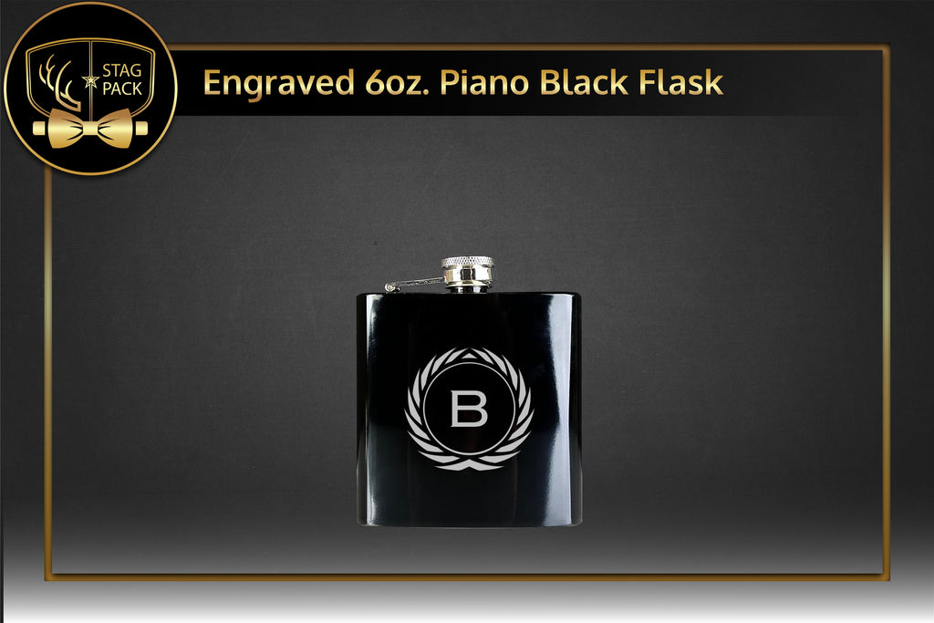 Custom Engraved Groomsmen Gift with Piano Black 6oz. Flask in a Personalized Gift Box.