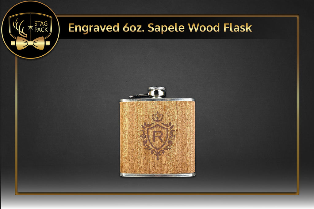 Custom Engraved Groomsmen Gift with Sapele Wood 6oz. Flask in a Personalized Gift Box.