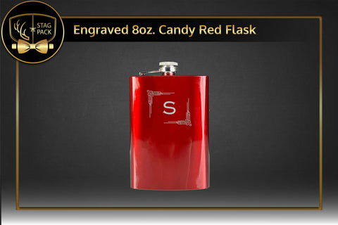 Custom Engraved Groomsmen Gift with Candy Red 8oz. Flask in a Personalized Gift Box. 