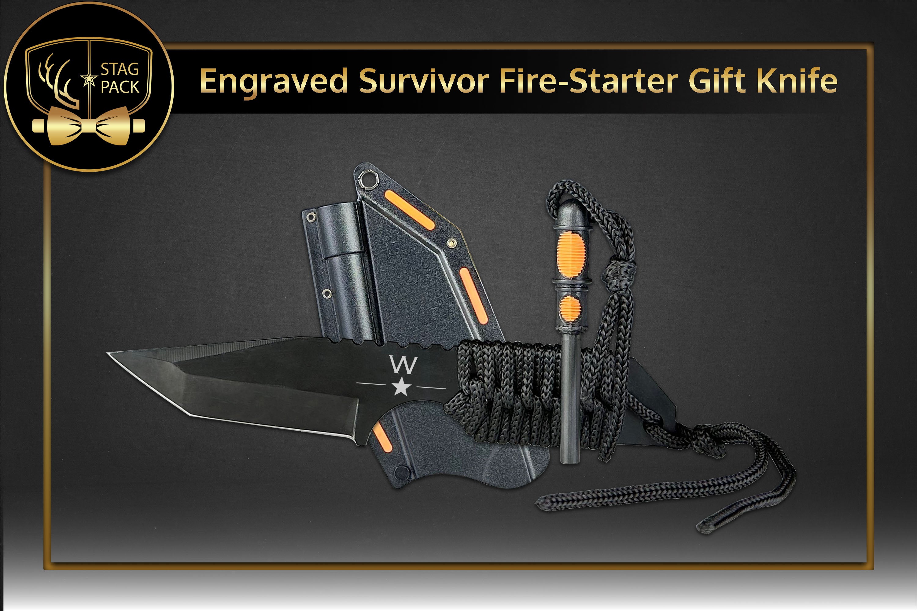 Survivor Fire-Starter Knife Groomsmen Gift.
Comfort Wrapped Emergency Paracord Handle.
Fire Starter Spark Extension.
Durable Sheath with Belt Clip.
Personalized Initial Engraving.