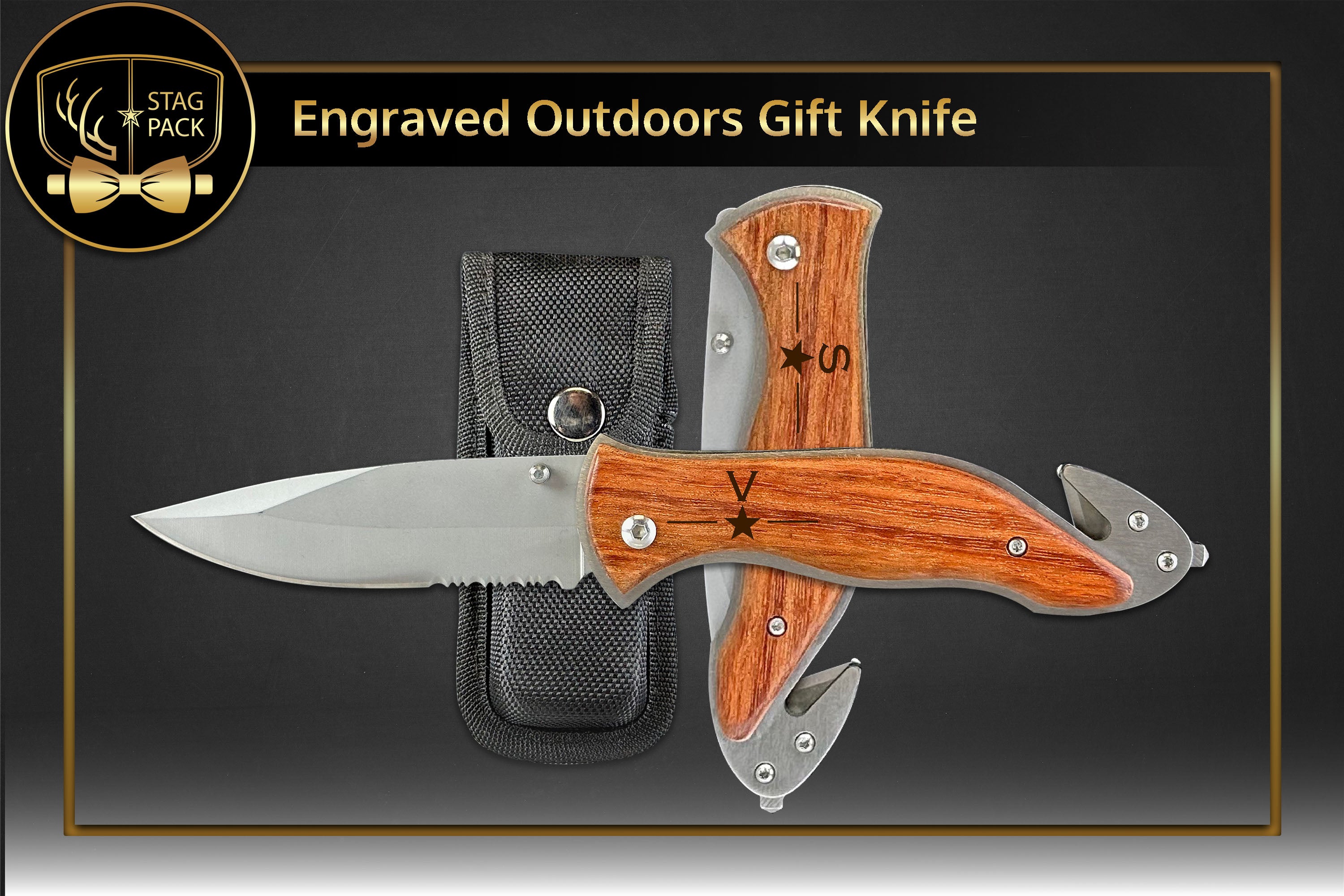 Stag custom engraved groomsmen solo gift includes a custom engraved Wooden Camping Knife. Free Shipping & Personalization!