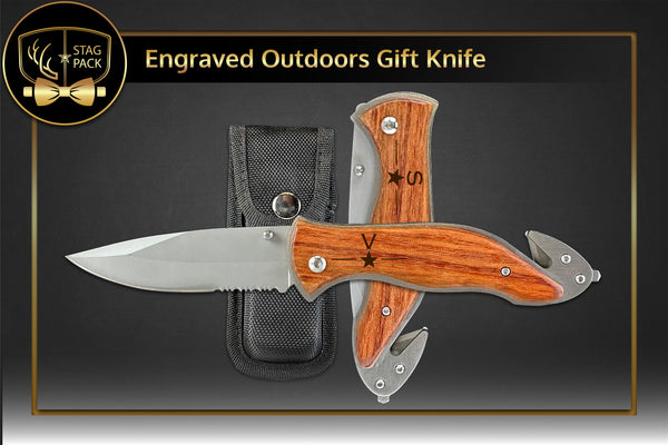 Engraved Outdoors Wooden Handle Gift Knife with Pouch