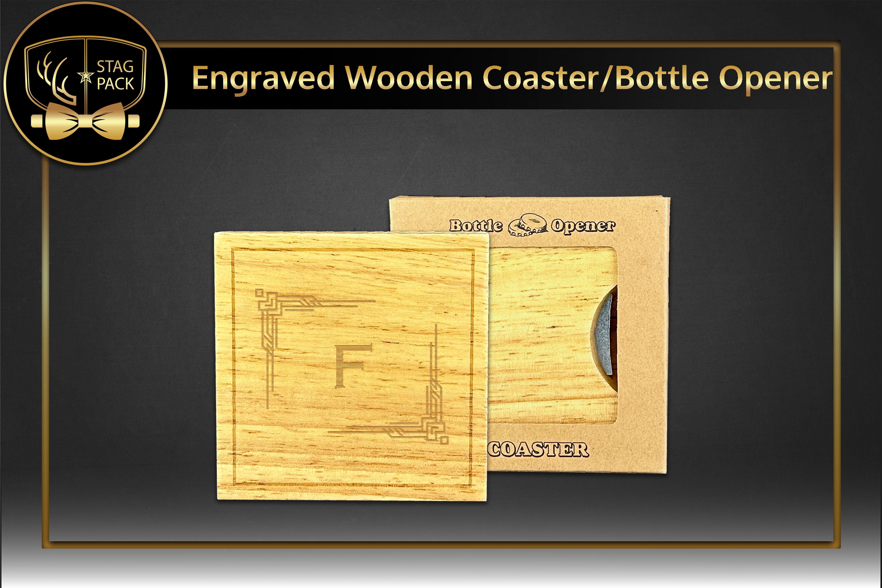 Stag Pack Custom Engraved Wooden Coaster with Built-In Bottle Opener Groomsmen Gift.  Free Shipping & Personalization!