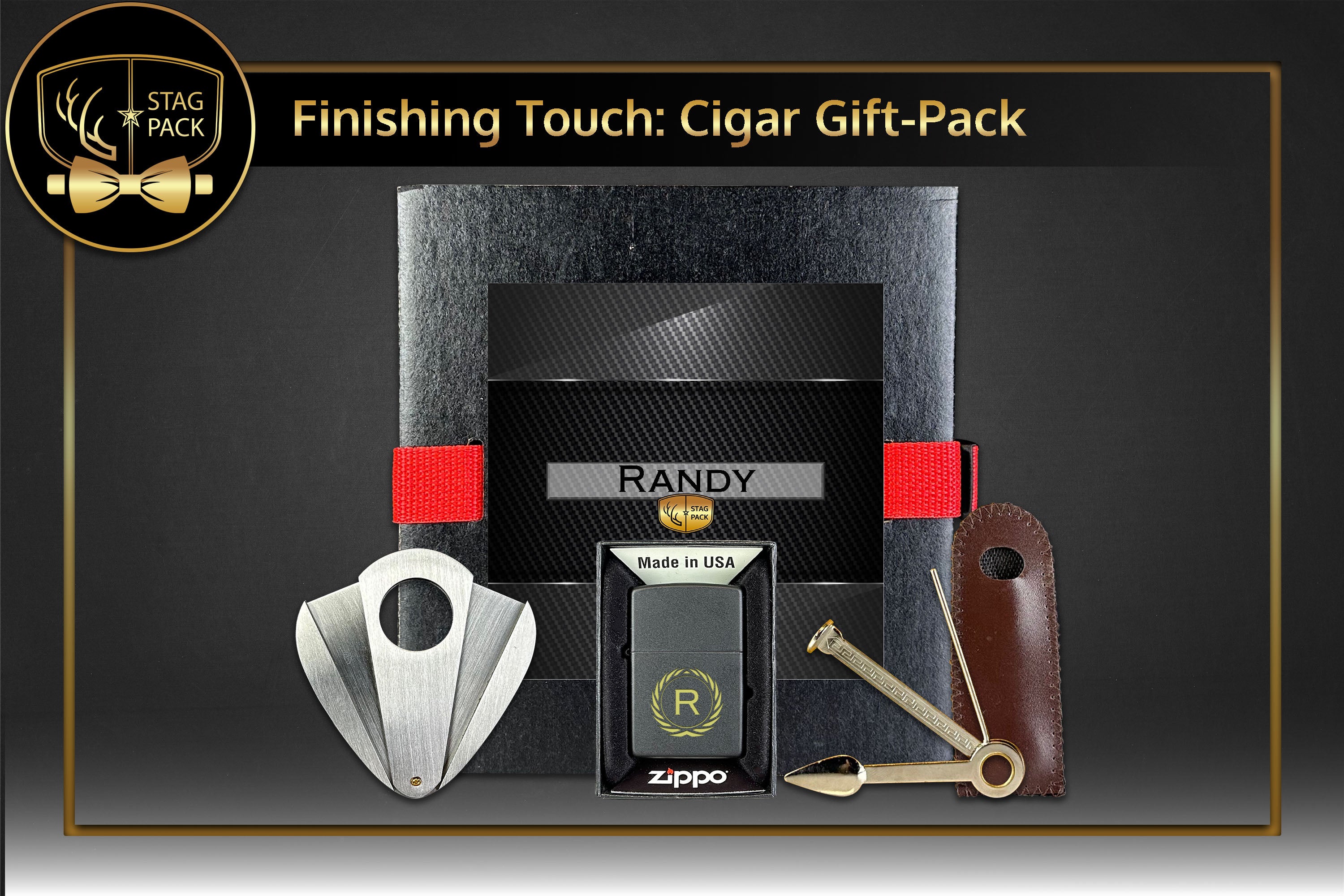 Custom Engraved Groomsmen Zippo, Cigar Cutters, Smoke Tool Gift-Pack in a Personalized Gift Box.
