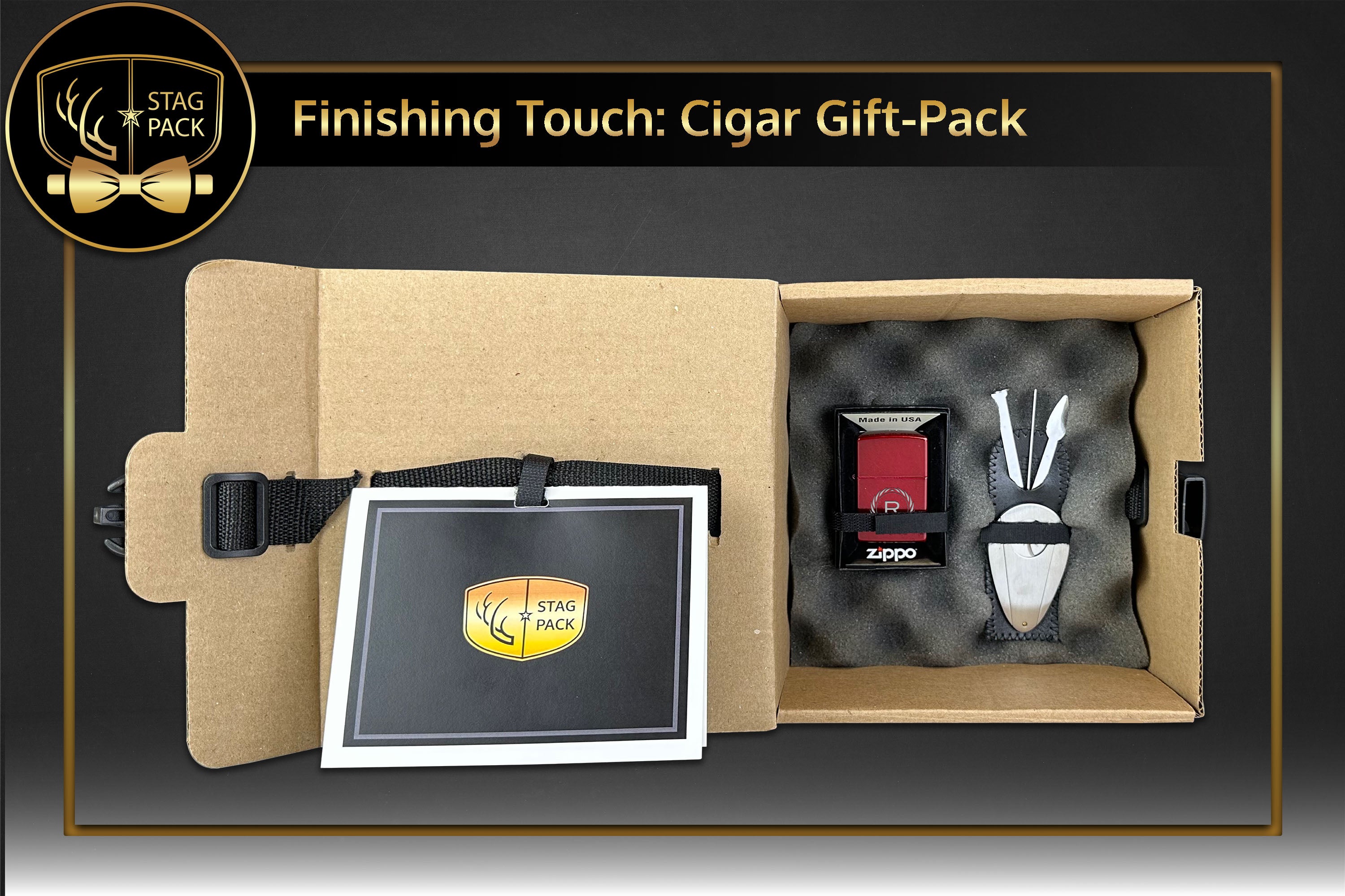 Custom Engraved Groomsmen Zippo, Cigar Cutters, Smoke Tool in a Personalized Gift Box with Message Card.