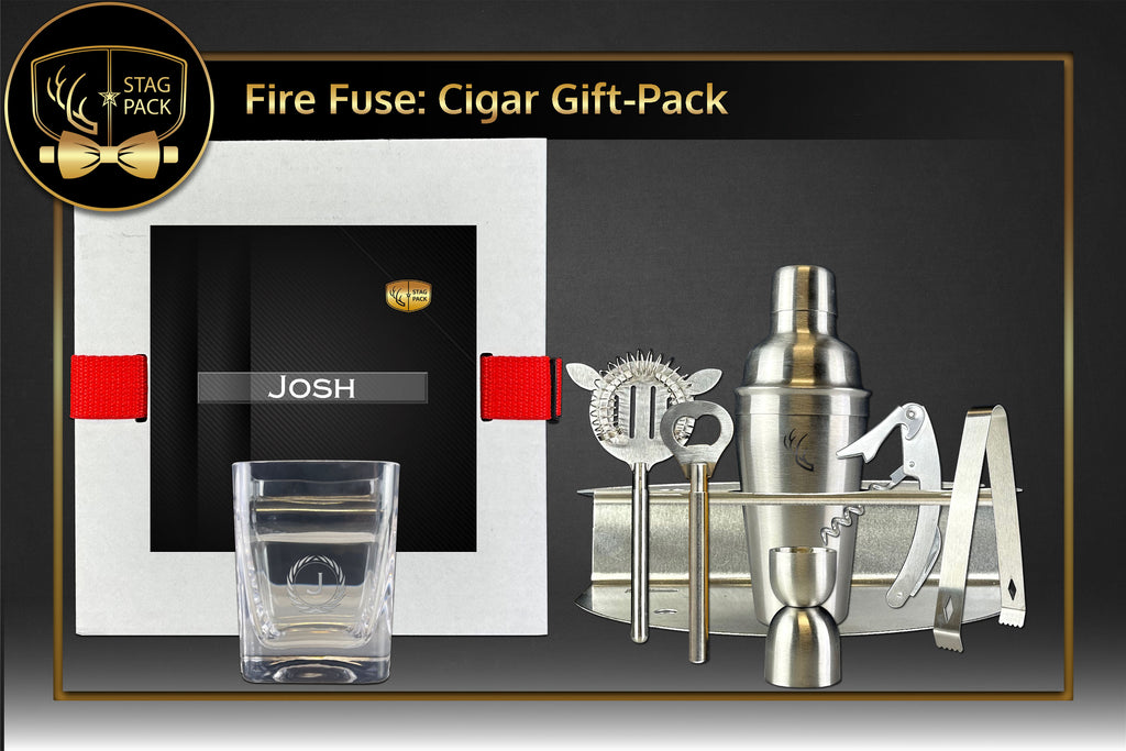 Custom Engraved Groomsmen Cigar Glass & Shaker Set Gift-Pack in a Personalized Gift Box.