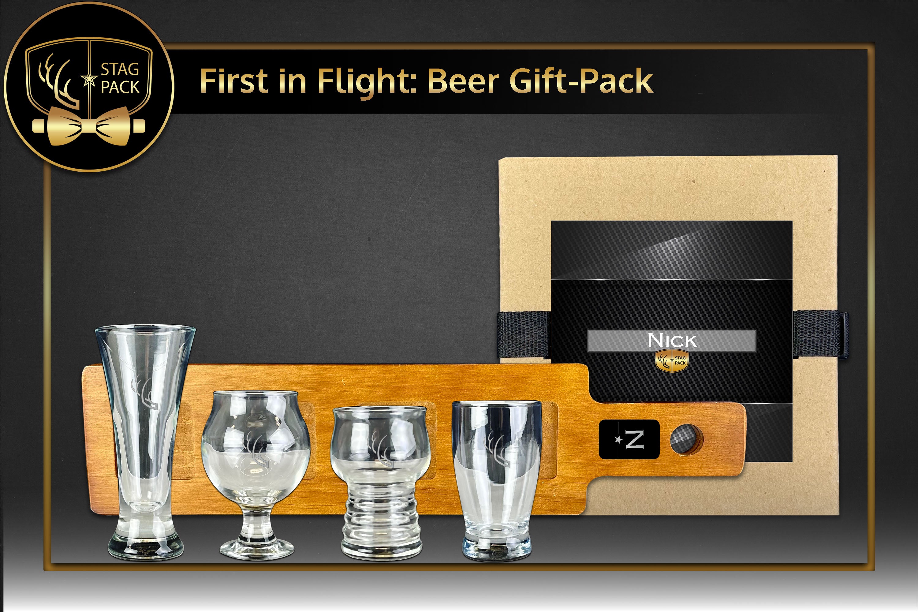 Custom Engraved Groomsmen Gift with 4-piece Stag Antler Engraved Glasses and Serving Plank packaged in a Personalized Gift Box with a Message Card.