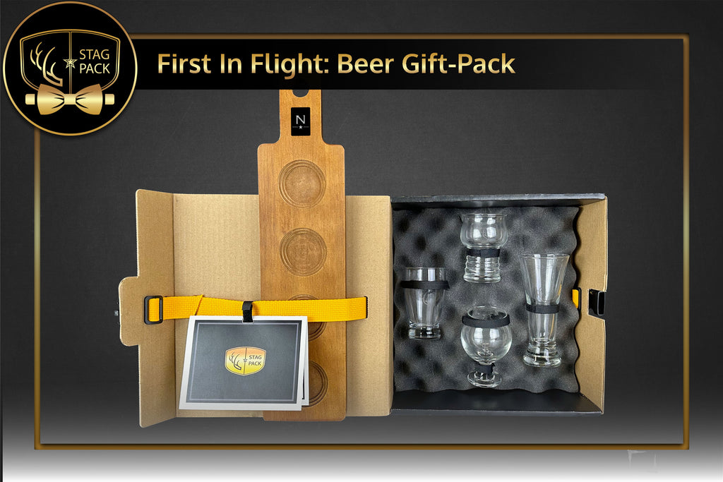 Custom Engraved Groomsmen Gift with 4-piece Stag Antler Engraved Glasses and Serving Plank  packaged in a Personalized Gift Box with a Message Card.