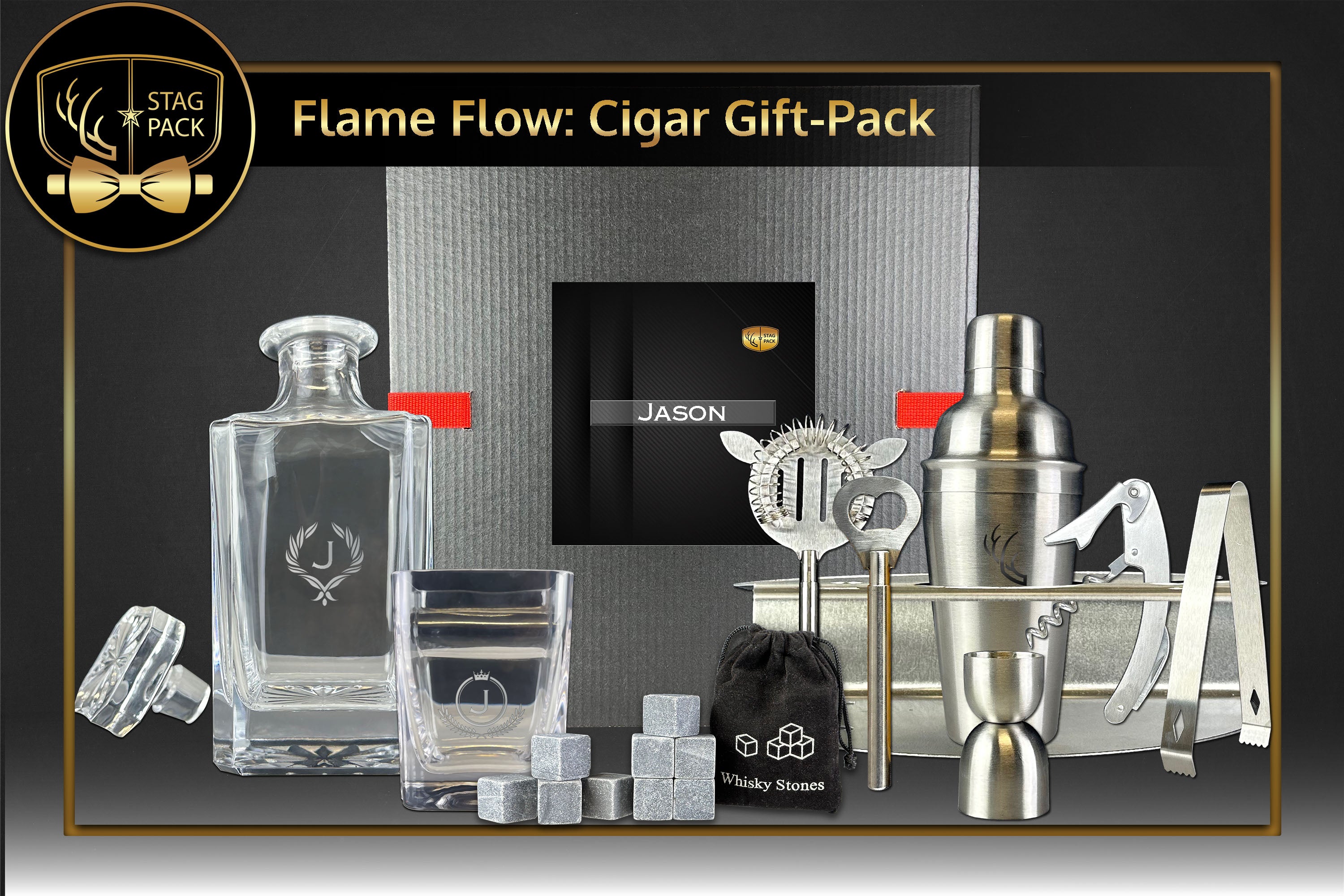 Custom Engraved Groomsmen Cigar Glass, Decanter, Whiskey Stones, and Shaker Set Gift-Pack in a Personalized Gift Box.