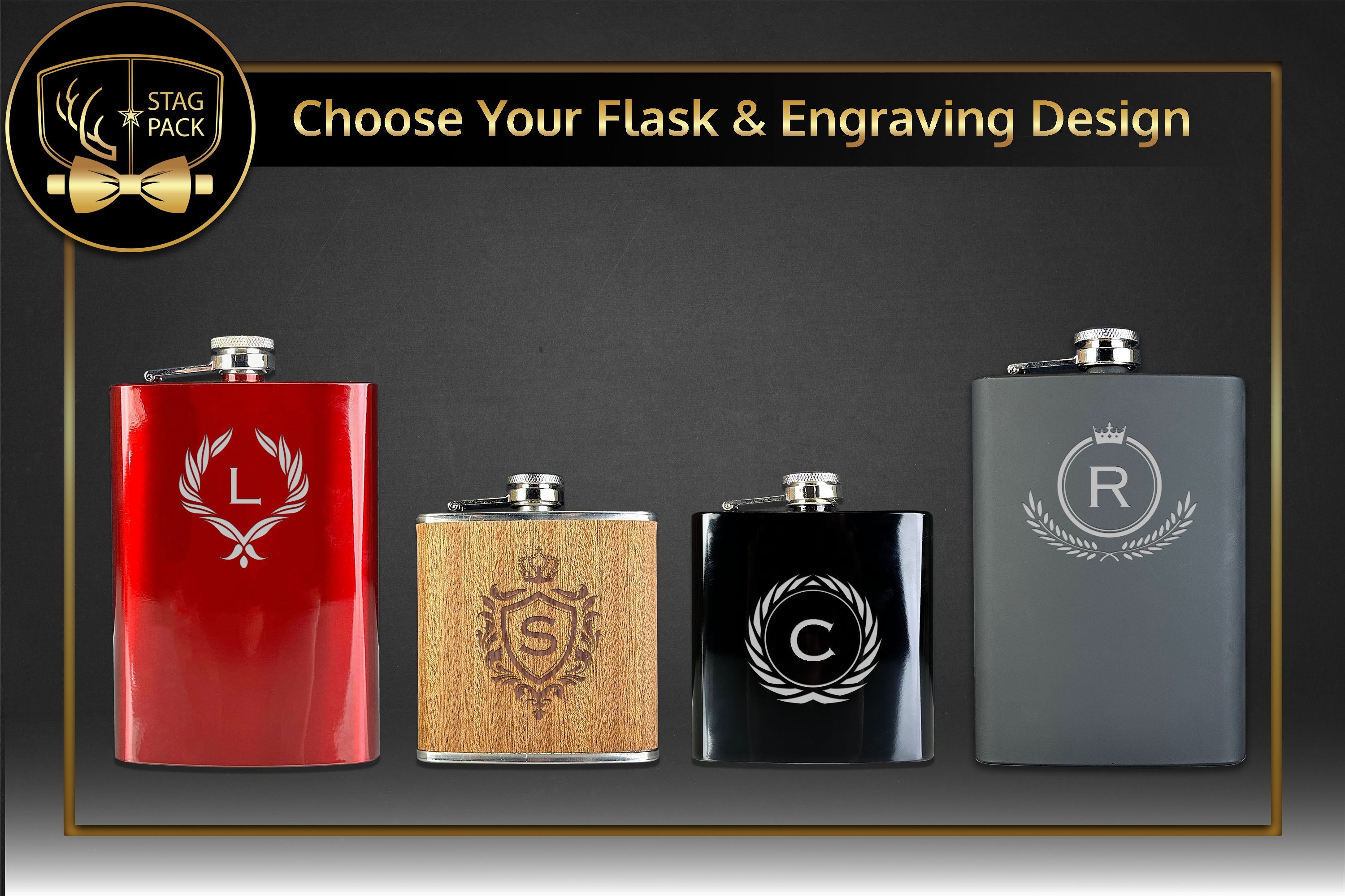 Custom Engraved Groomsmen Gift Candy Red, Matte Black, Piano Black, & Sapele Wood flasks for engraving.