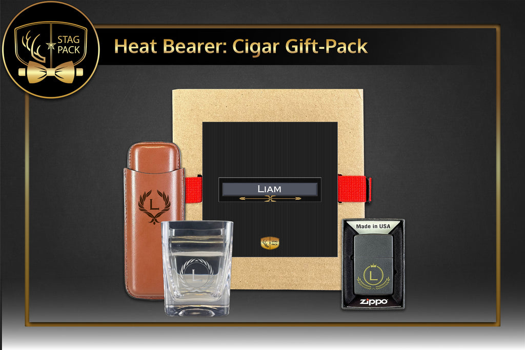 Custom Engraved Groomsmen Zippo, Cigar Glass and Dual Sleeve Cigar Case in a Personalized Gift Box.