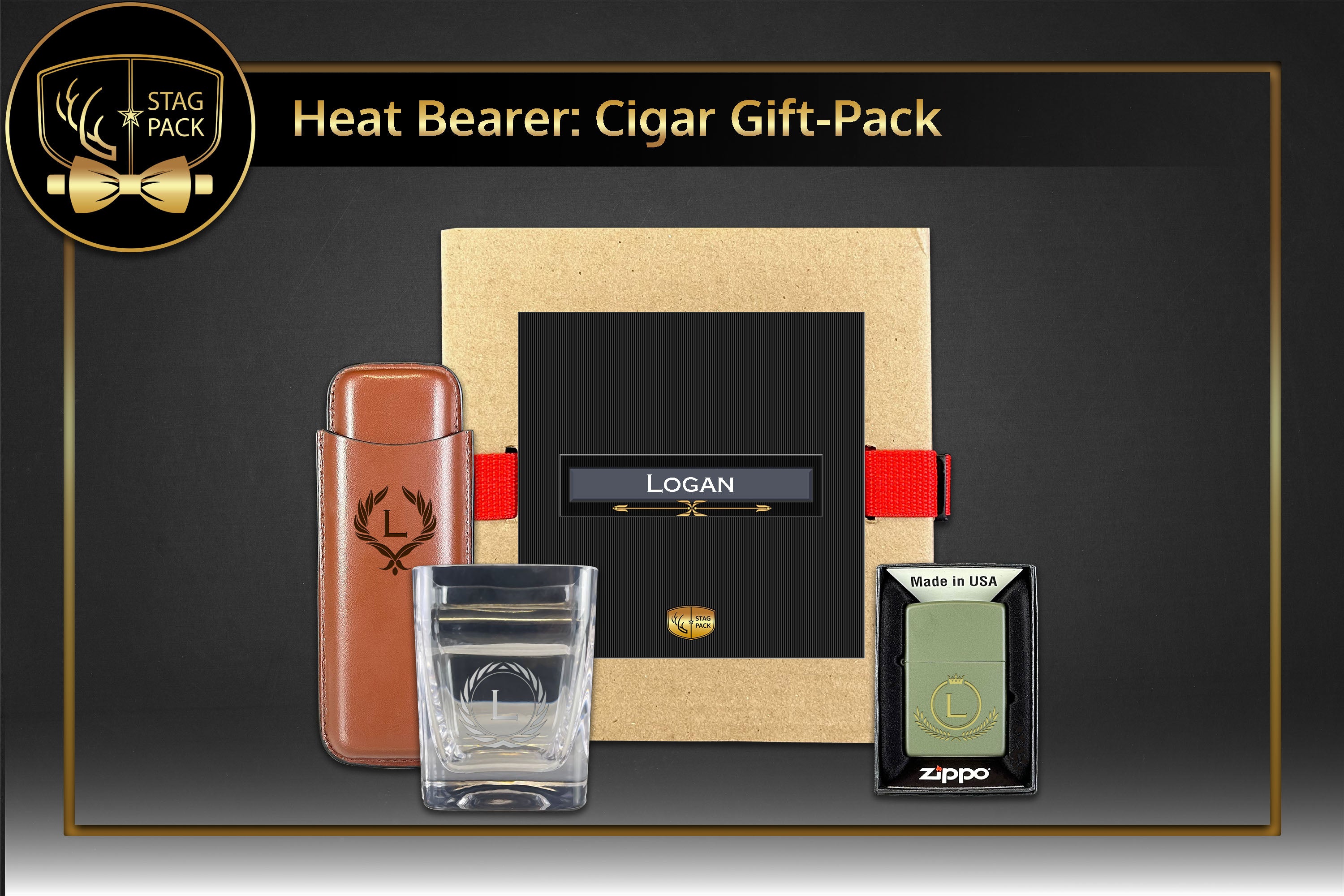 Custom Engraved Groomsmen Zippo, Cigar Glass and Dual Sleeve Cigar Case in a Personalized Gift Box.