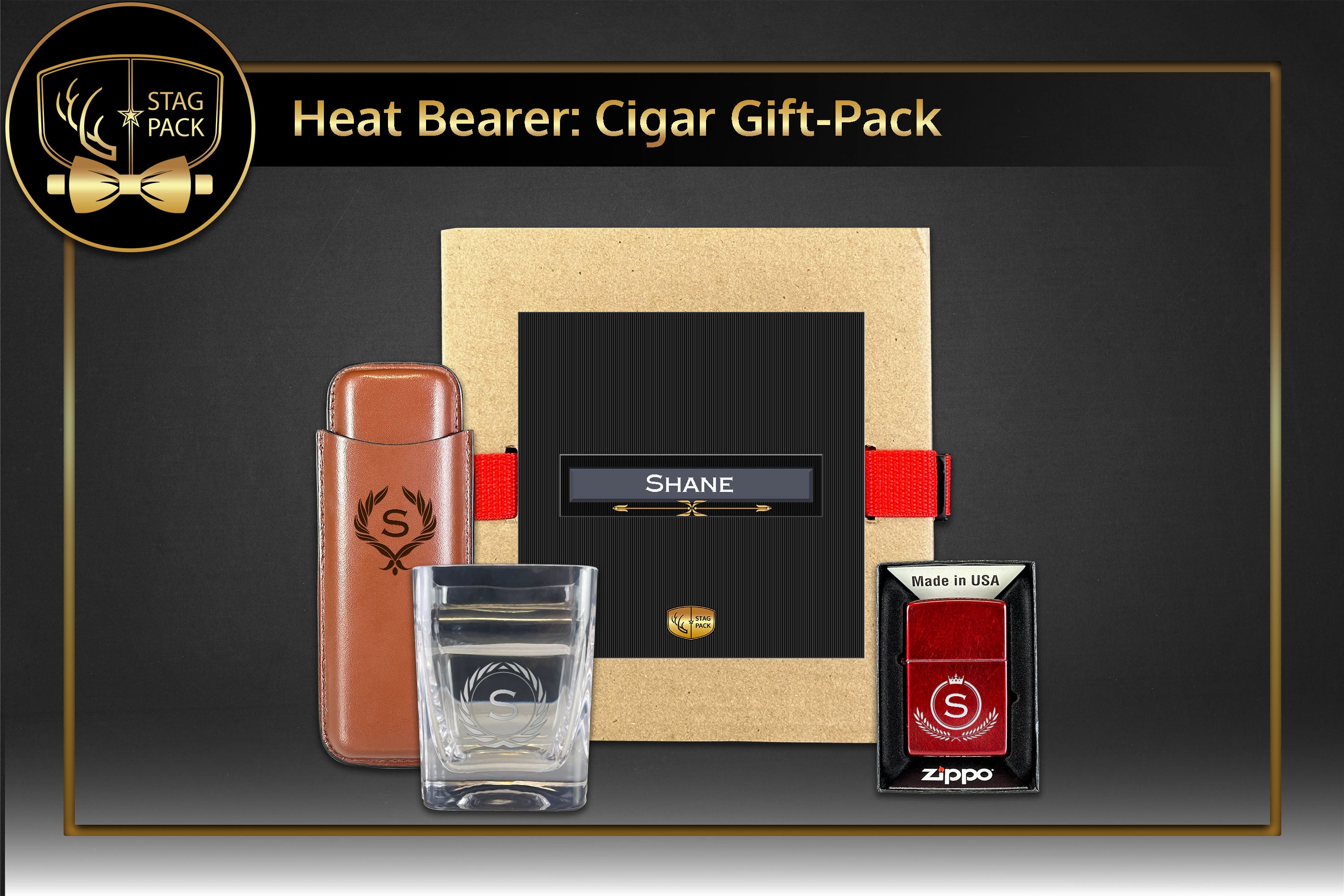 Custom Engraved Groomsmen Zippo, Cigar Glass and Dual Sleeve Cigar Case in a Personalized Gift Box.