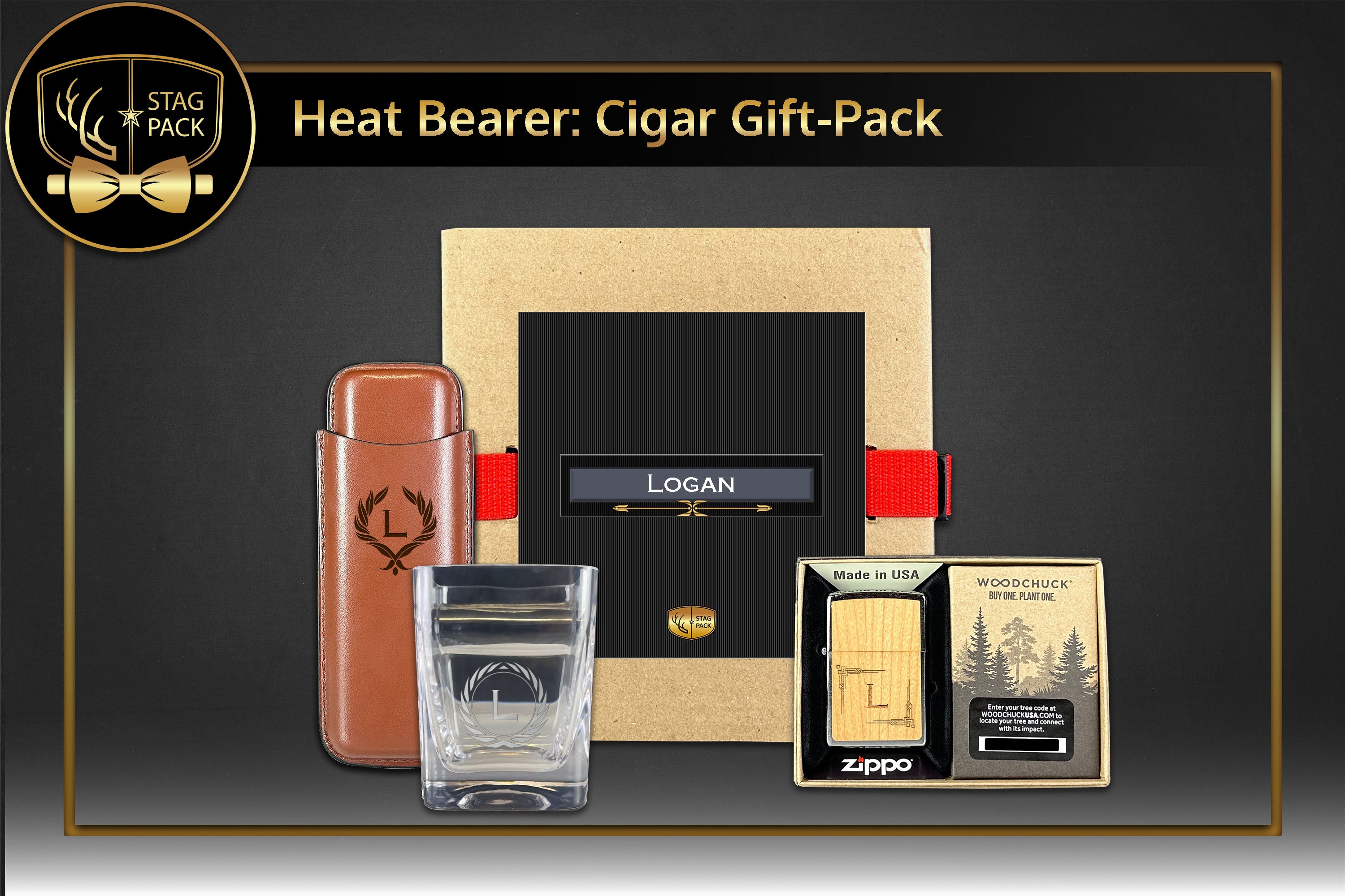 Custom Engraved Groomsmen Zippo, Cigar Glass and Dual Sleeve Cigar Case in a Personalized Gift Box.