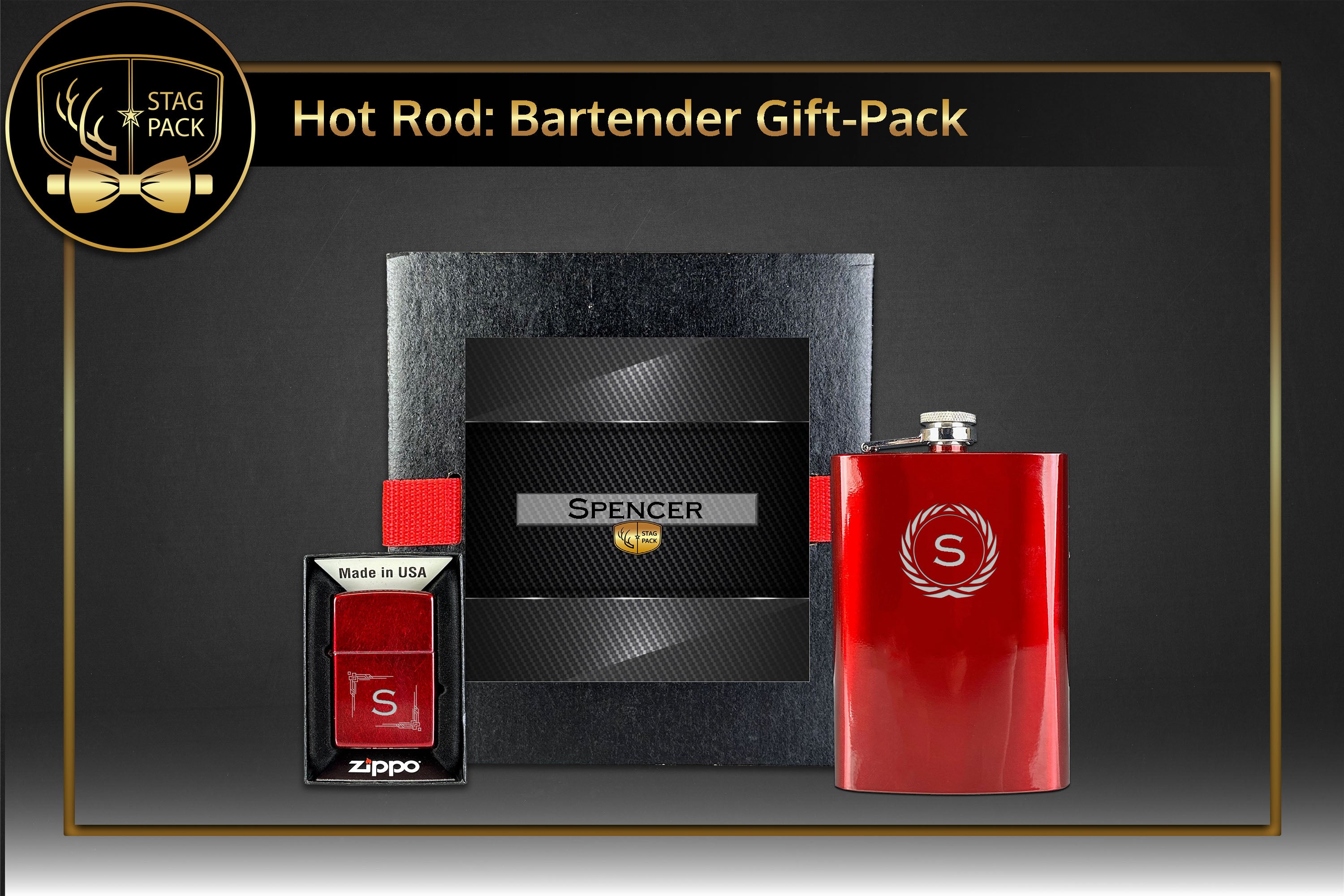 Custom Engraved Groomsmen Gift with Red Flask & Red Zippo Windproof Lighter in a Personalized Gift Box.