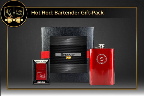 Custom Engraved Groomsmen Gift with Red Flask & Red Zippo Windproof Lighter in a Personalized Gift Box.