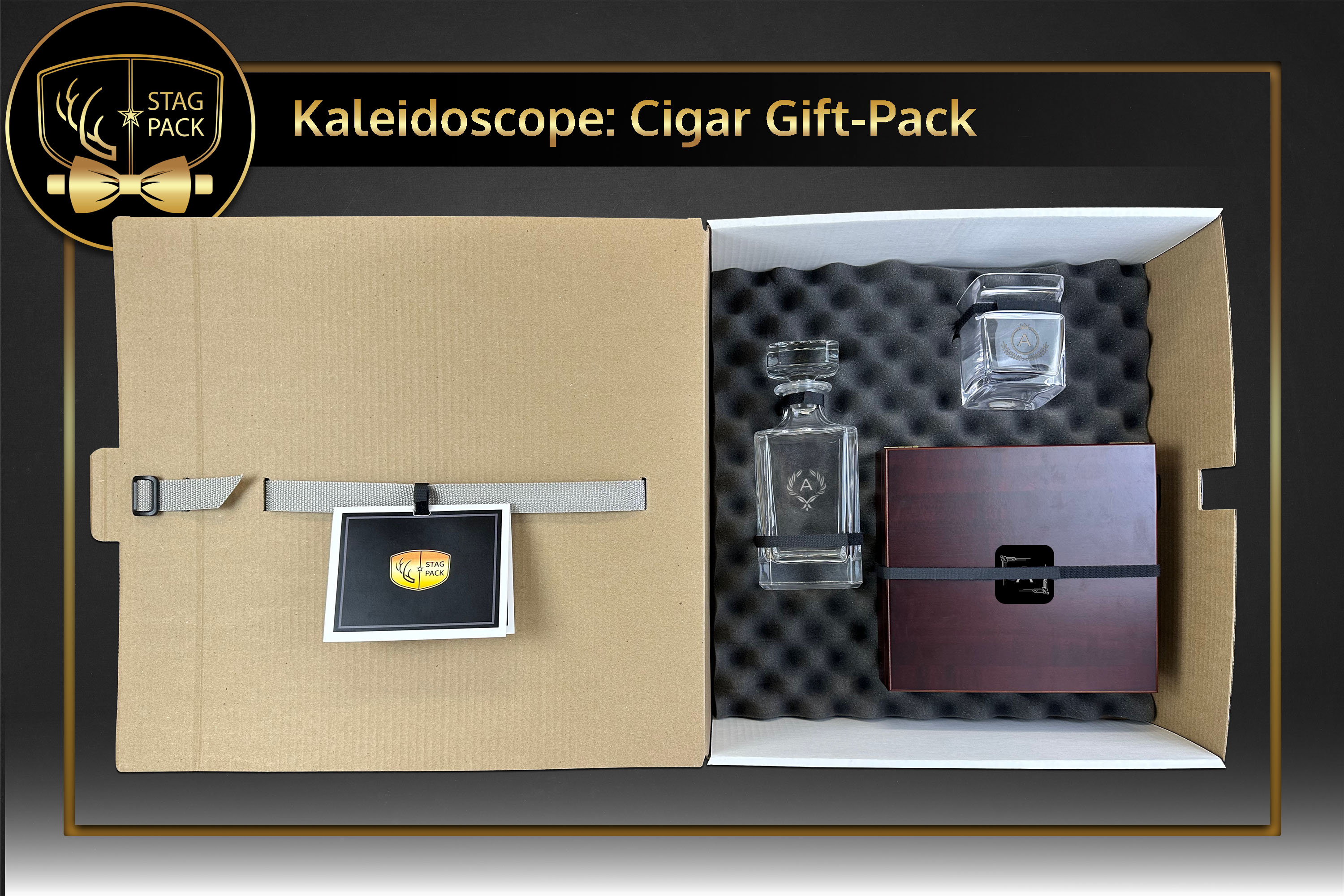 Custom Engraved Groomsmen Decanter, Cigar Glass and Humidor Gift-Pack in a Personalized Gift Box with Message Card.