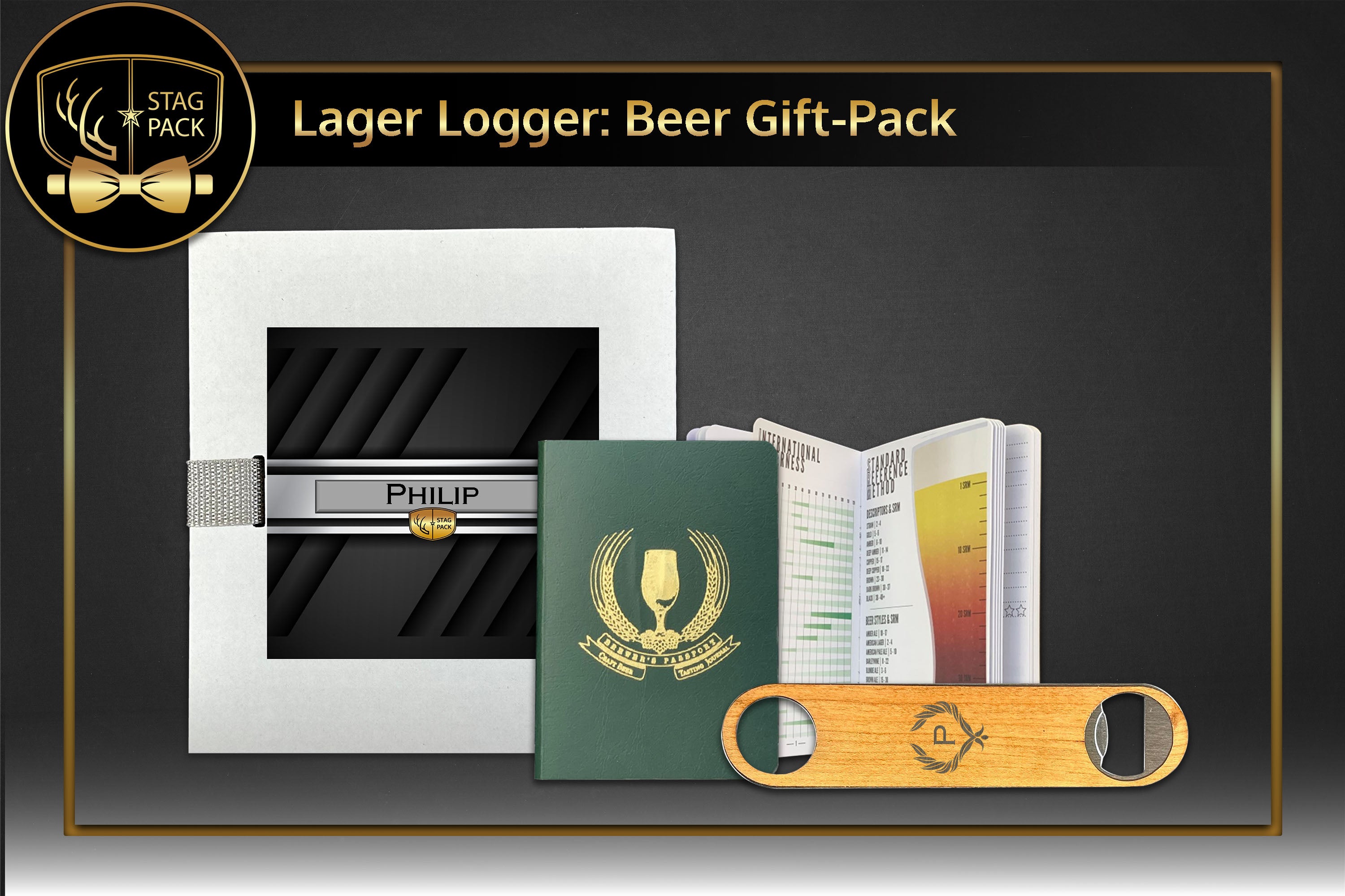 Custom Engraved Groomsmen Gift with Beer Journal and Bottle Opener packaged in a Personalized Gift Box with a Message Card. 