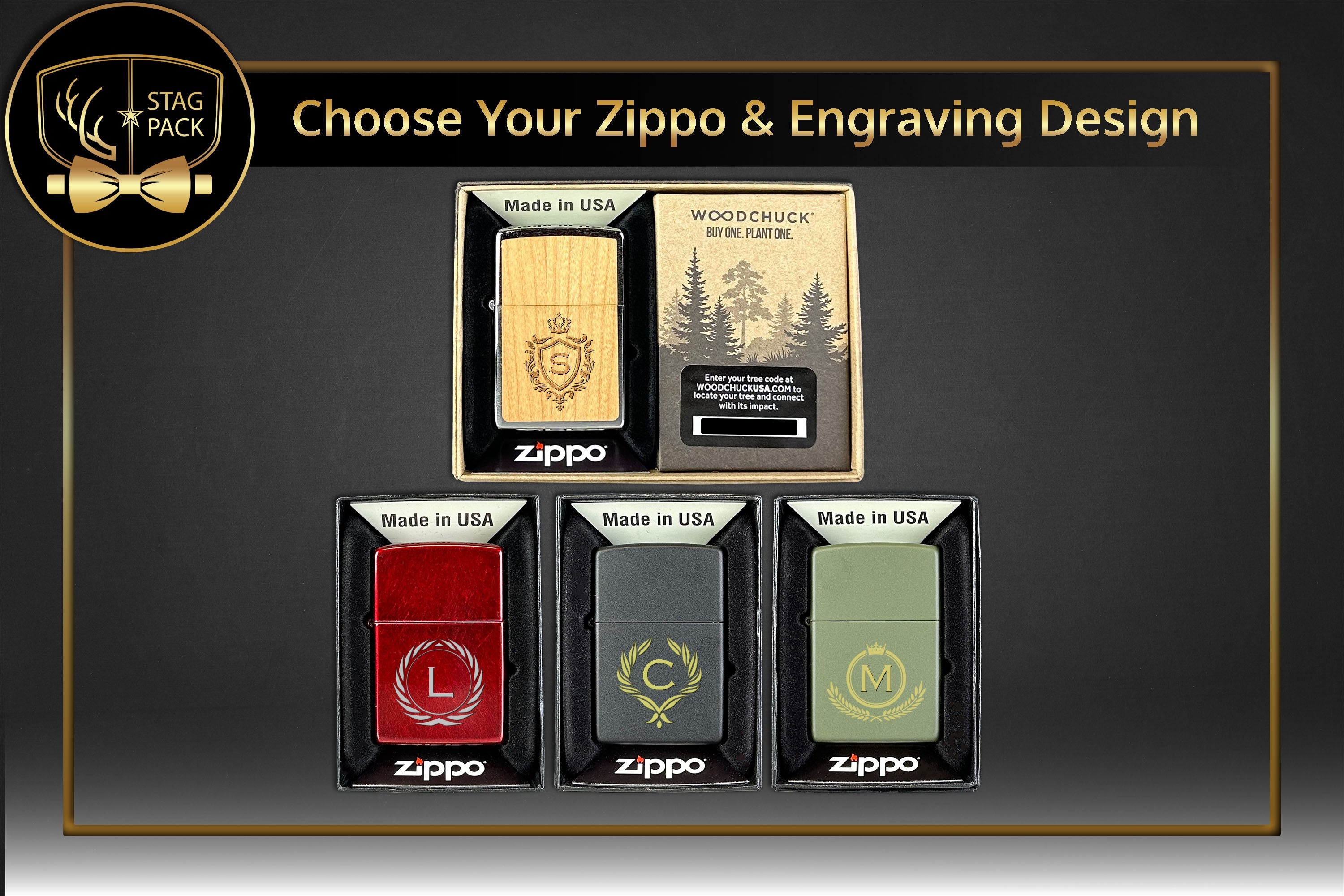 4 Custom Engraved Zippo Windproof Lighters to choose from (Candy Red, Matte Black, Matte Green, Woodchuck USA*)