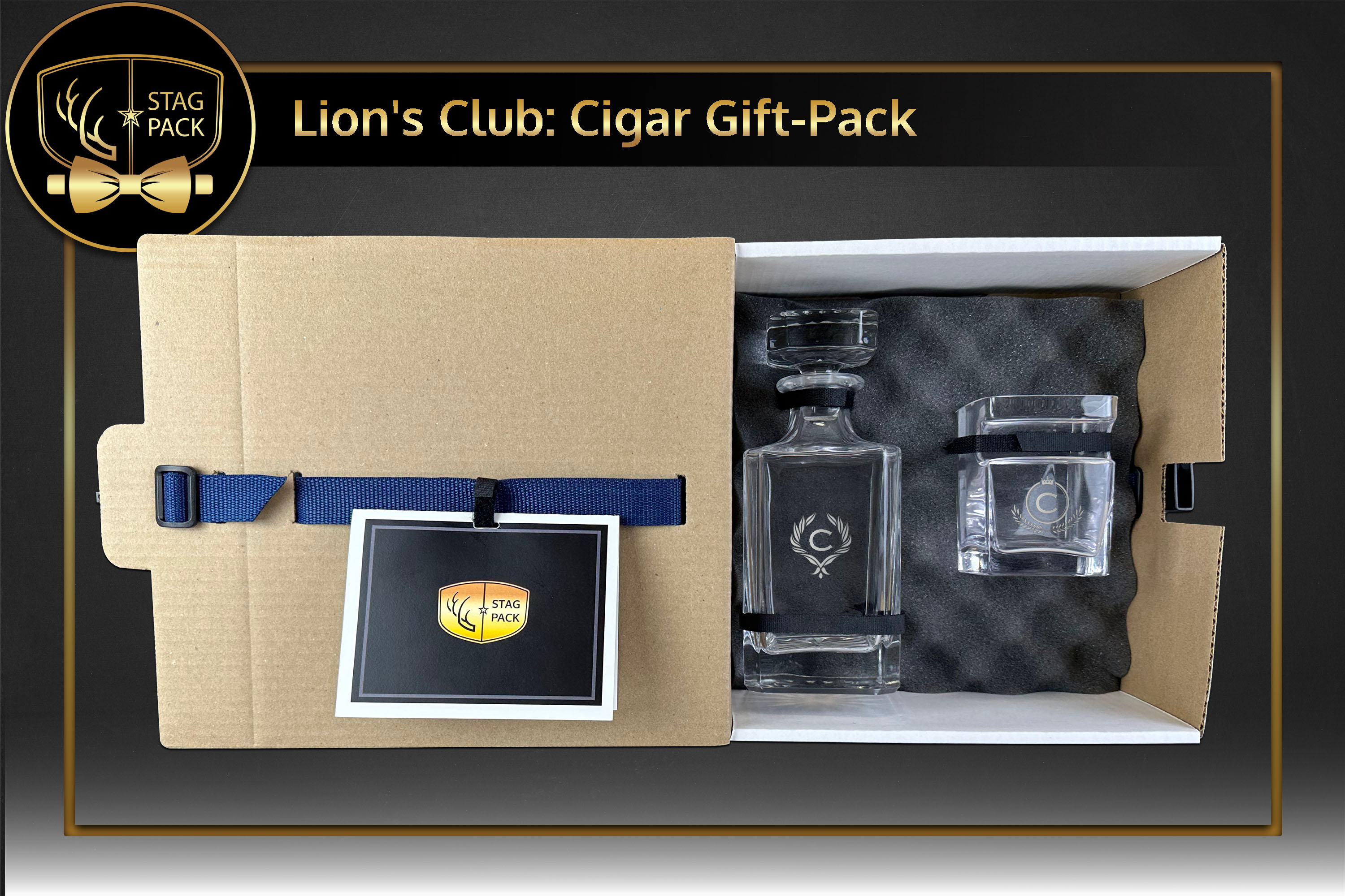 Lion's Club Custom Engraved Groomsmen Cigar Glass and Decanter in a Personalized Gift Box with Message Card.