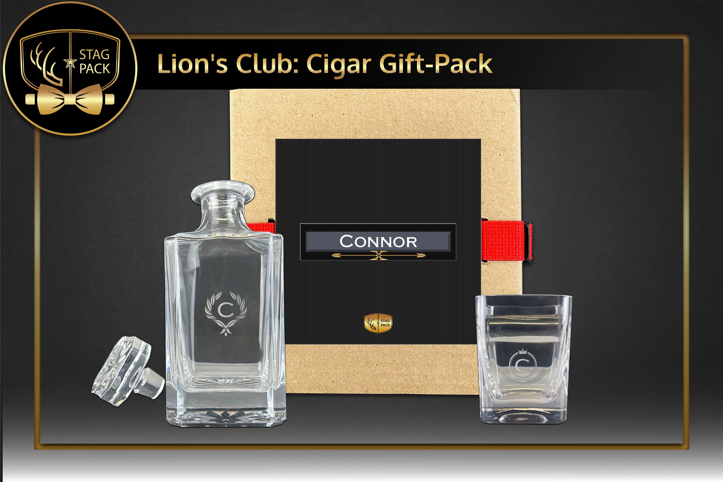 Lion's Club Custom Engraved Groomsmen Cigar Glass and Decanter in a Personalized Gift Box.