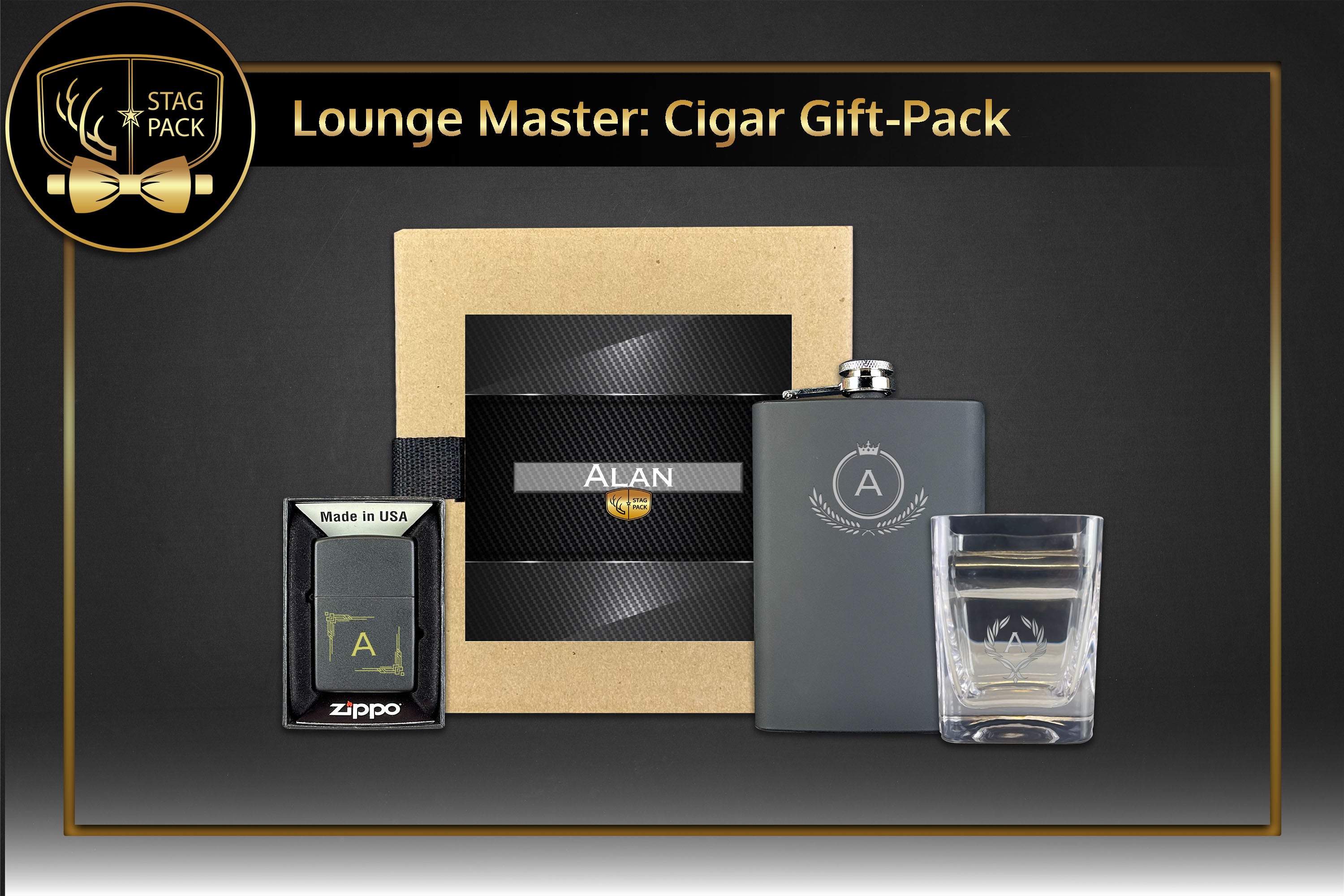 Stag Pack Custom Engraved Groomsmen Flask, Zippo and Cigar Glass in a Personalized Gift Box.