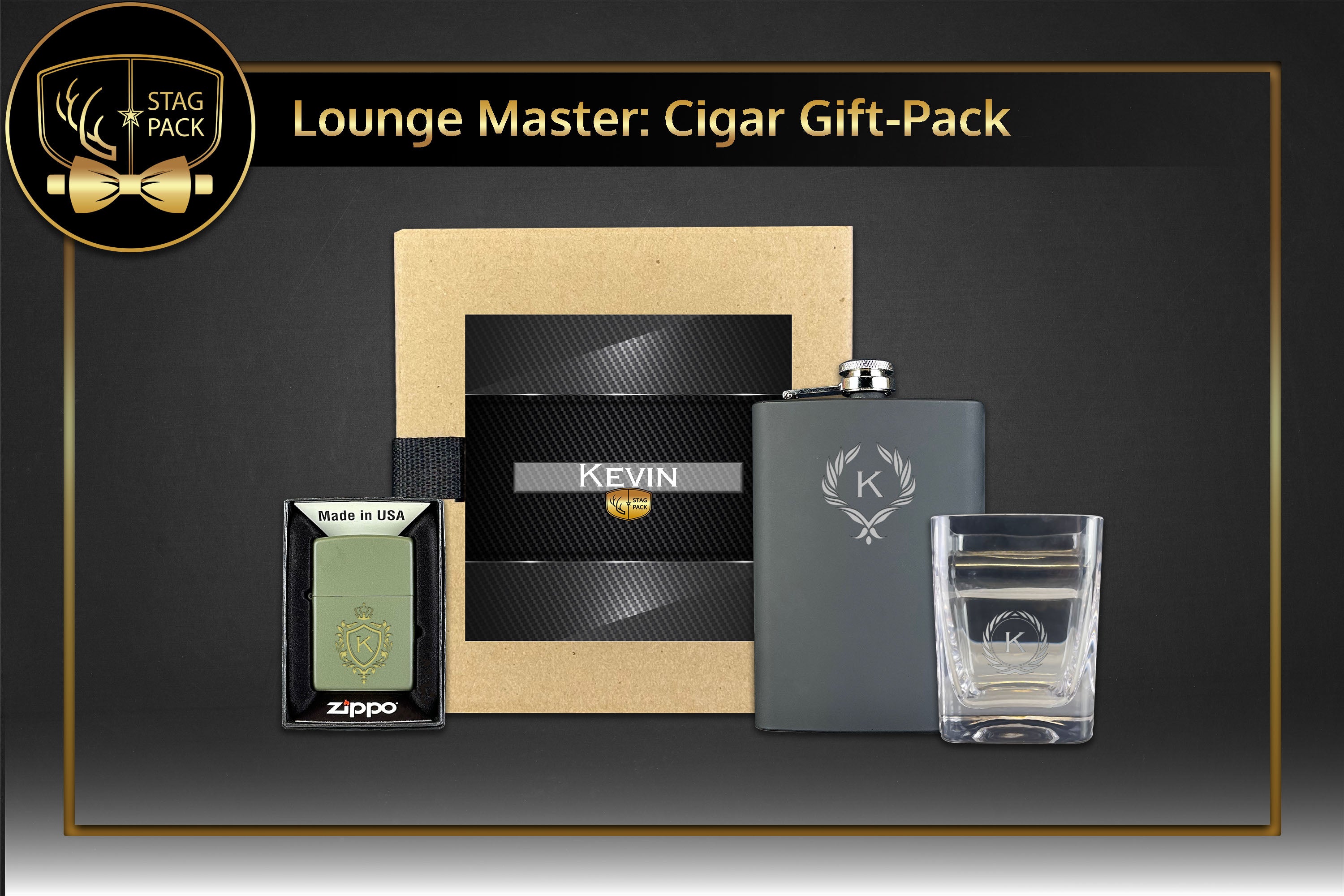 Stag Pack Custom Engraved Groomsmen Flask, Zippo and Cigar Glass in a Personalized Gift Box.