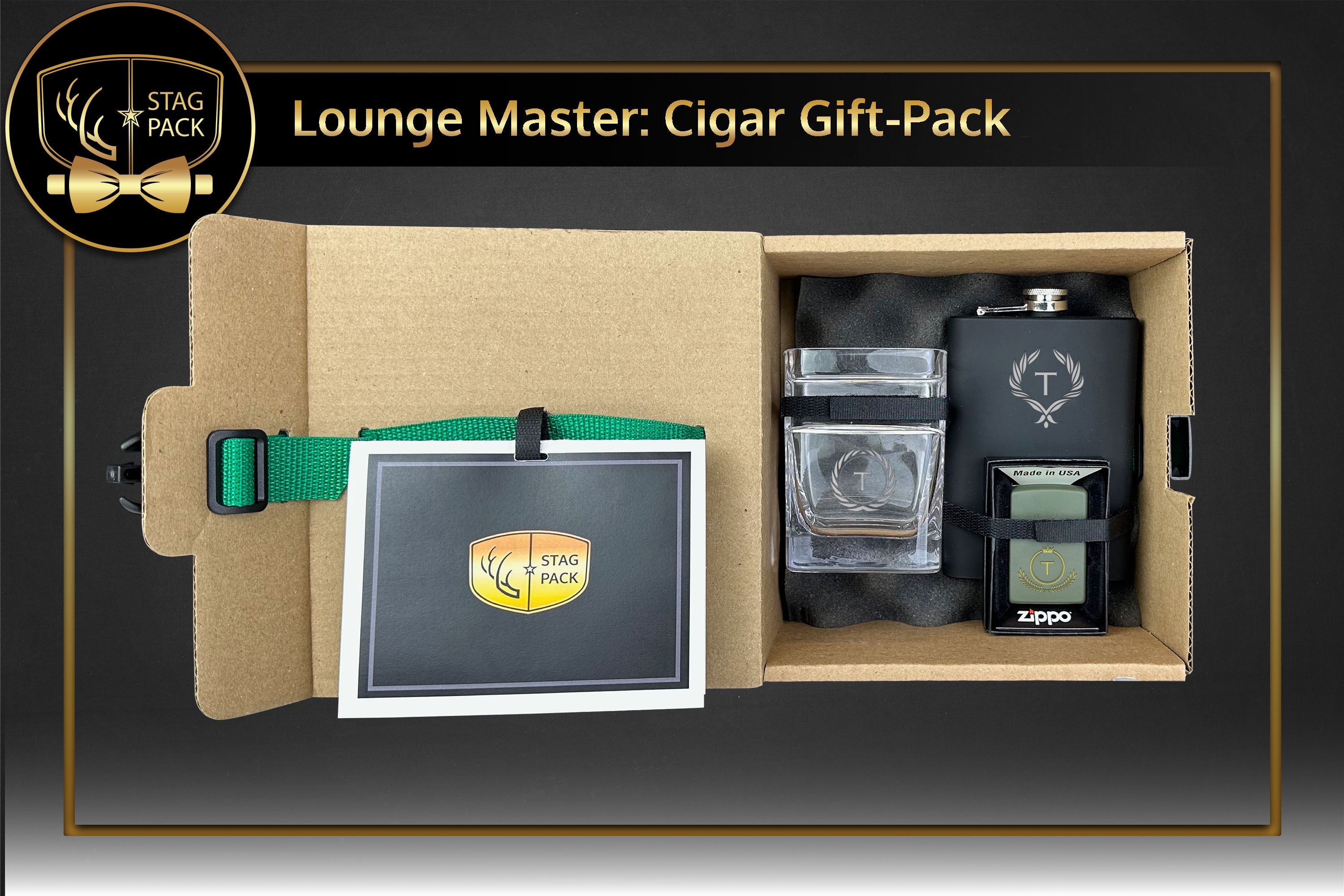 Stag Pack Custom Engraved Groomsmen Flask, Zippo and Cigar Glass in a Personalized Gift Box with Message Card.