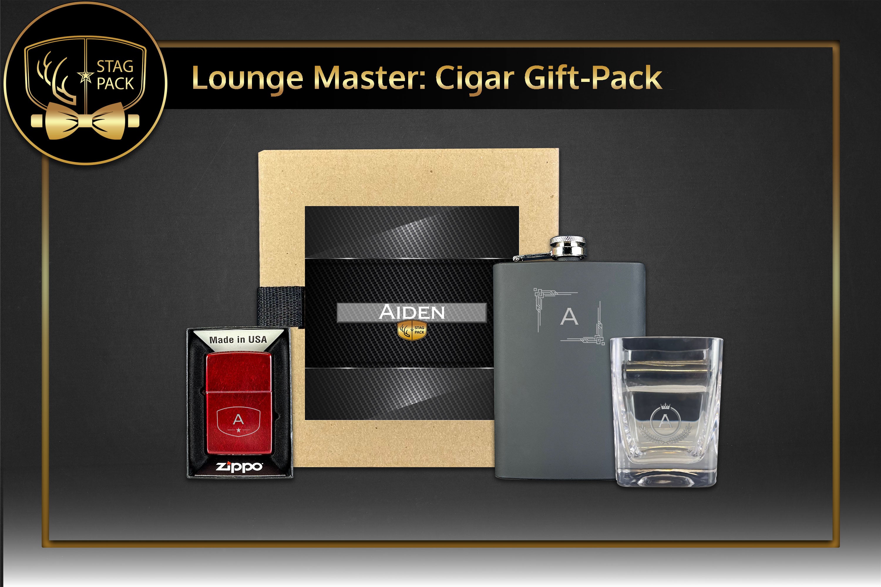 Stag Pack Custom Engraved Groomsmen Flask, Zippo and Cigar Glass in a Personalized Gift Box.