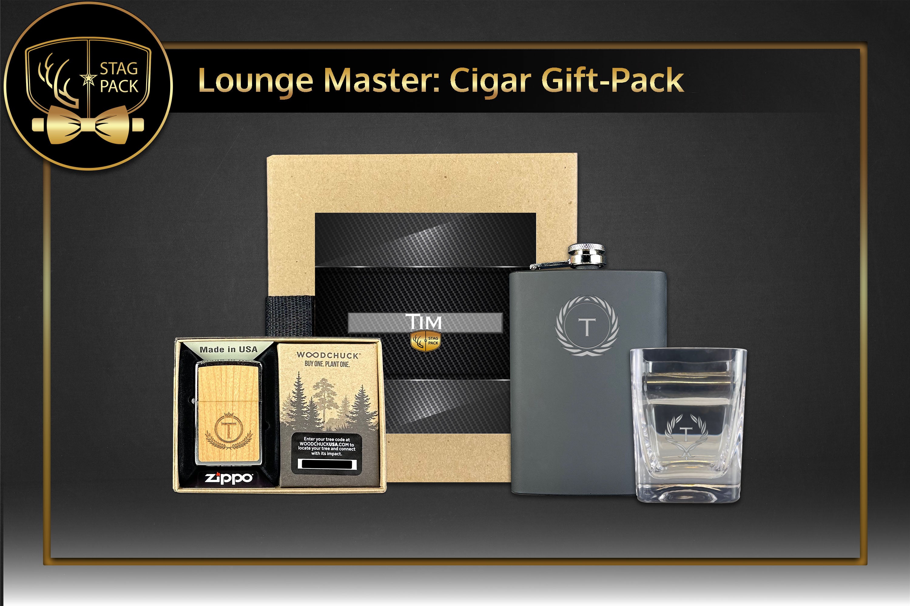 Stag Pack Custom Engraved Groomsmen Flask, Zippo and Cigar Glass in a Personalized Gift Box.
