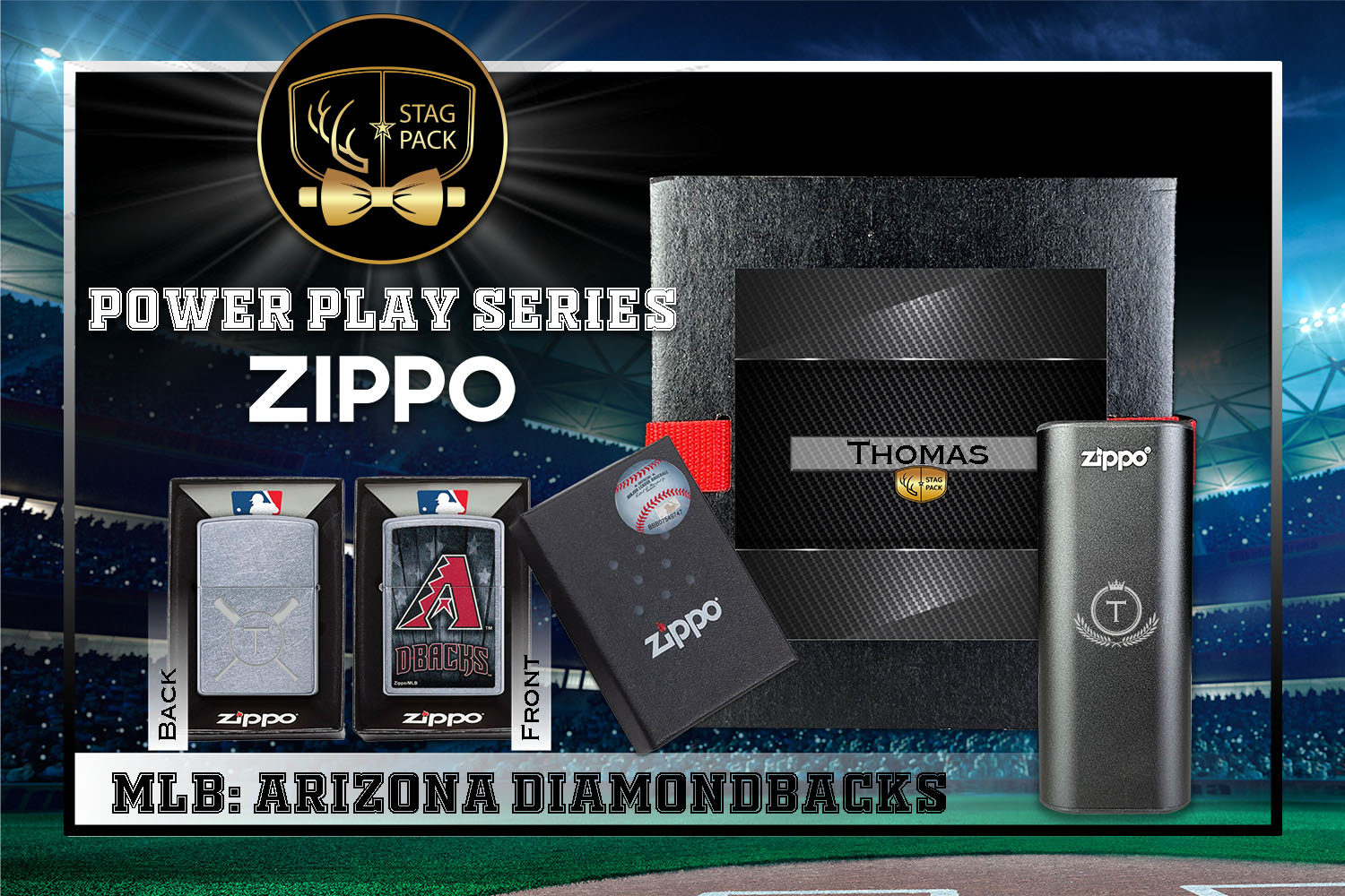 Custom Engraved Groomsmen Gift with MLB Zippo Windproof Lighter & Heatbank in a Personalized Gift Box.