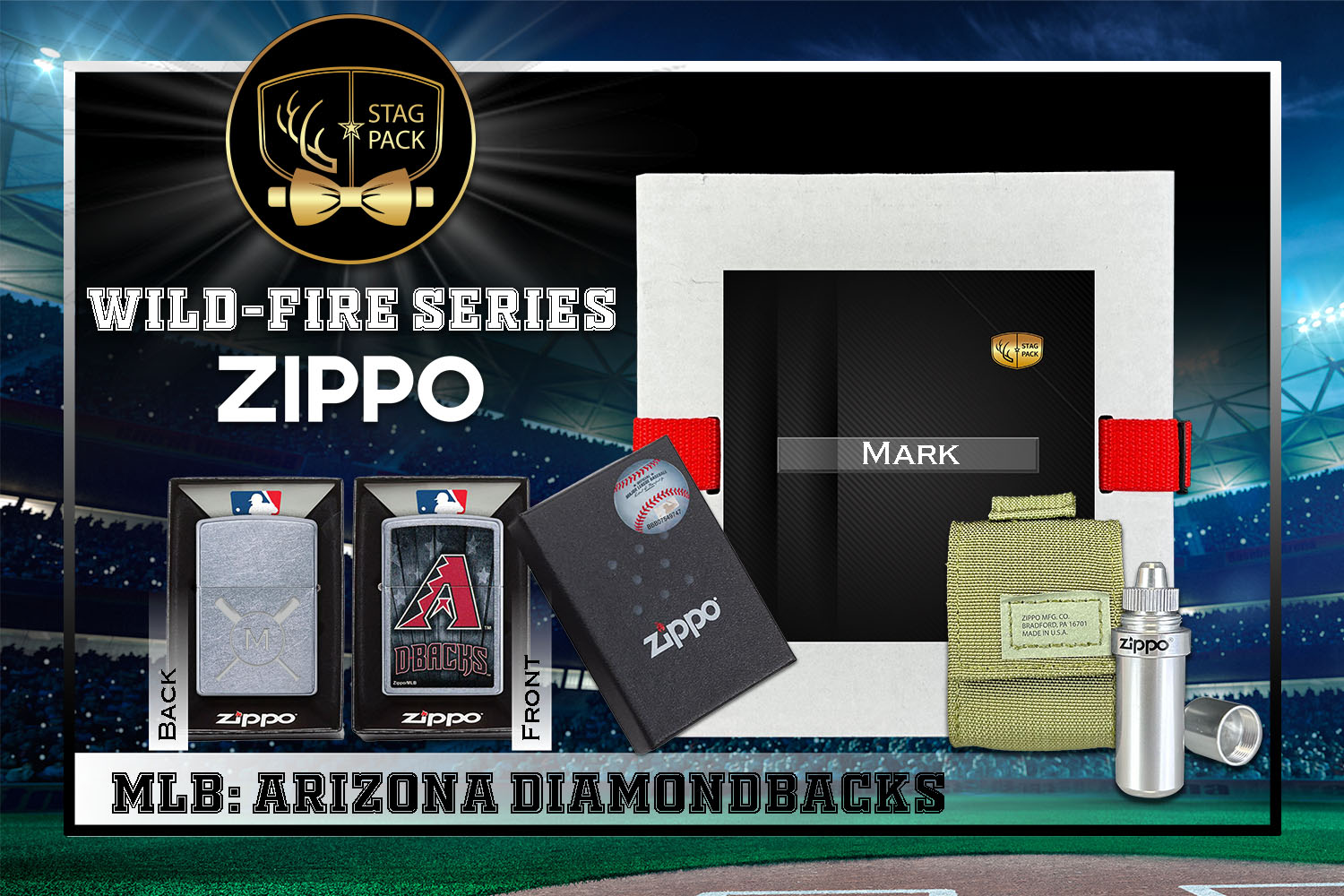 Custom Engraved Groomsmen Gift with MLB Windproof Zippo Lighter, a Fluid Canister and Pouch Gift-Pack in a Personalized Gift Box.