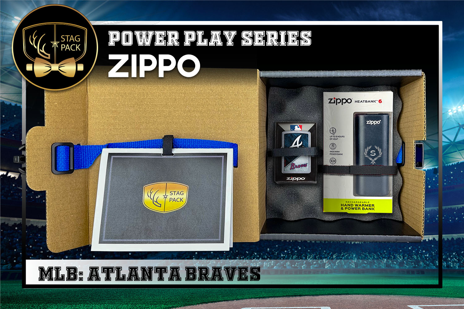 Custom Engraved Groomsmen Gift with MLB Zippo Windproof lighter & Heatbank in a Personalized Gift Box with a Message Card.