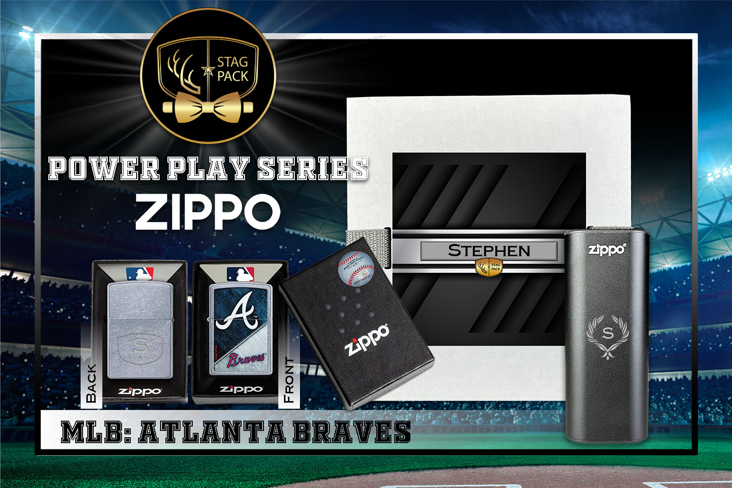 Custom Engraved Groomsmen Gift with MLB Zippo Windproof Lighter& Heatbank in a Personalized Gift Box.