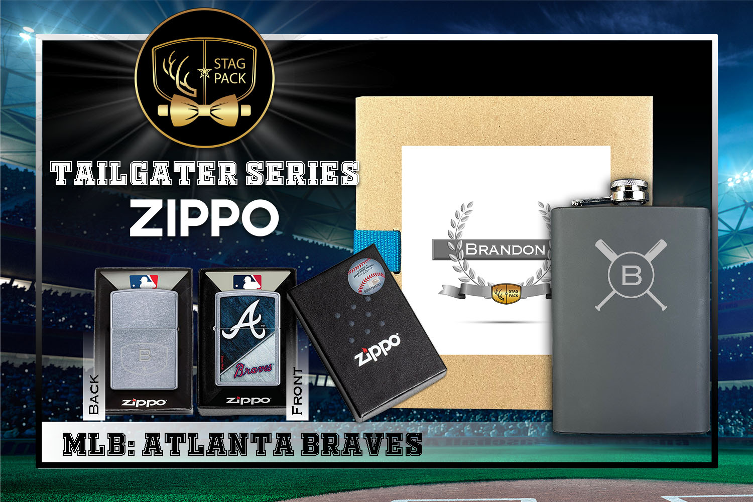 Custom Engraved Groomsmen Gift with Flask & Zippo Windproof Lighter in a Personalized Gift Box.