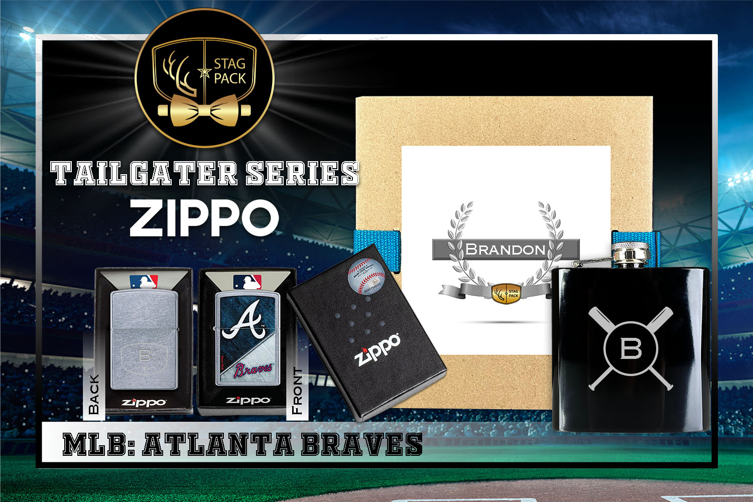 Custom Engraved Groomsmen Gift with Flask & Zippo Windproof Lighter in a Personalized Gift Box.