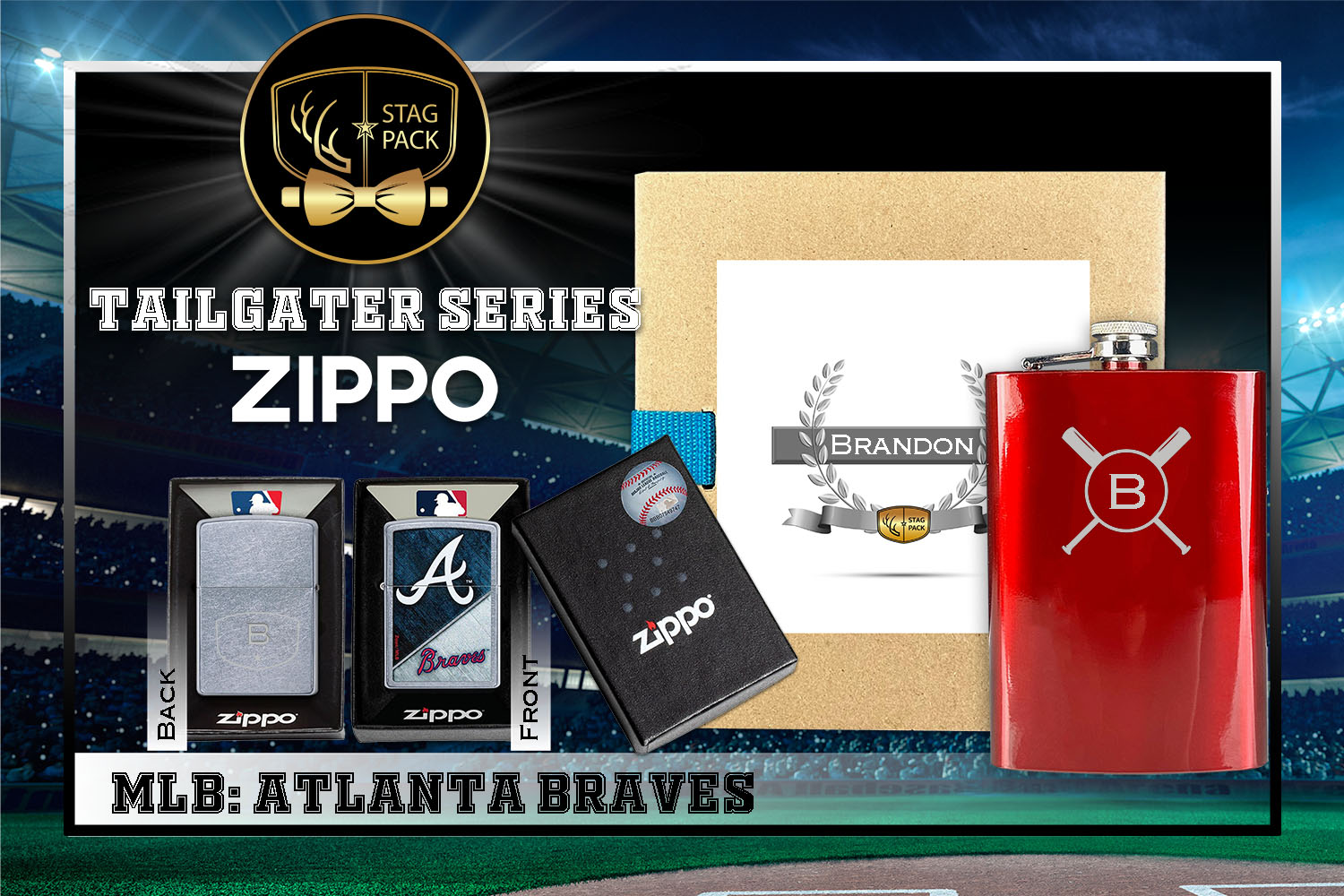 Custom Engraved Groomsmen Gift with Flask & Zippo Windproof Lighter in a Personalized Gift Box.