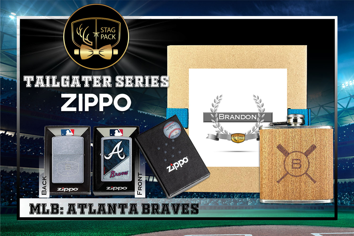 Custom Engraved Groomsmen Gift with Flask & Zippo Windproof Lighter in a Personalized Gift Box.