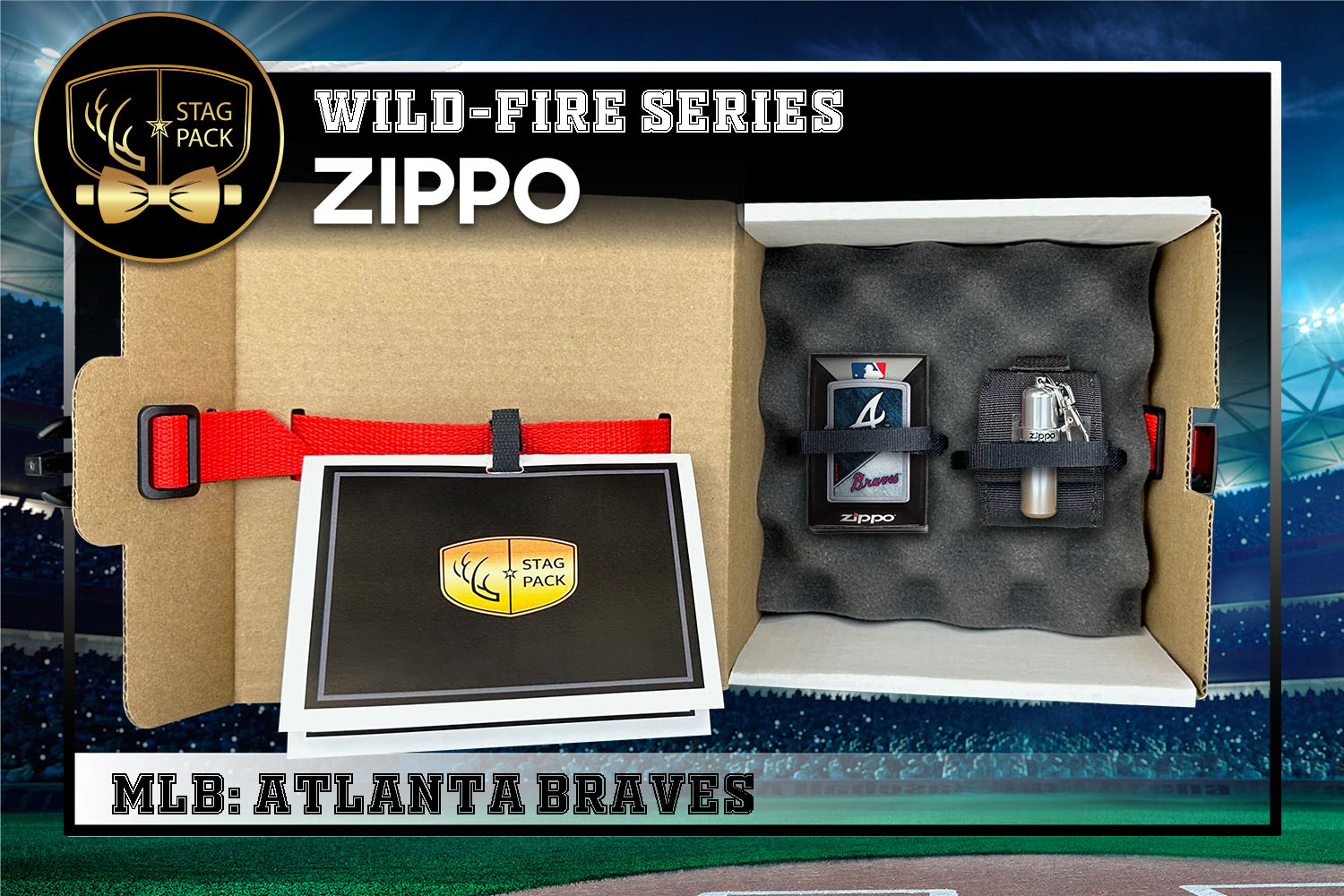 Custom Engraved Groomsmen Gift with MLB Windproof Zippo Lighter, a Fluid Canister and Pouch packaged in a Personalized Gift Box with a Message Card.