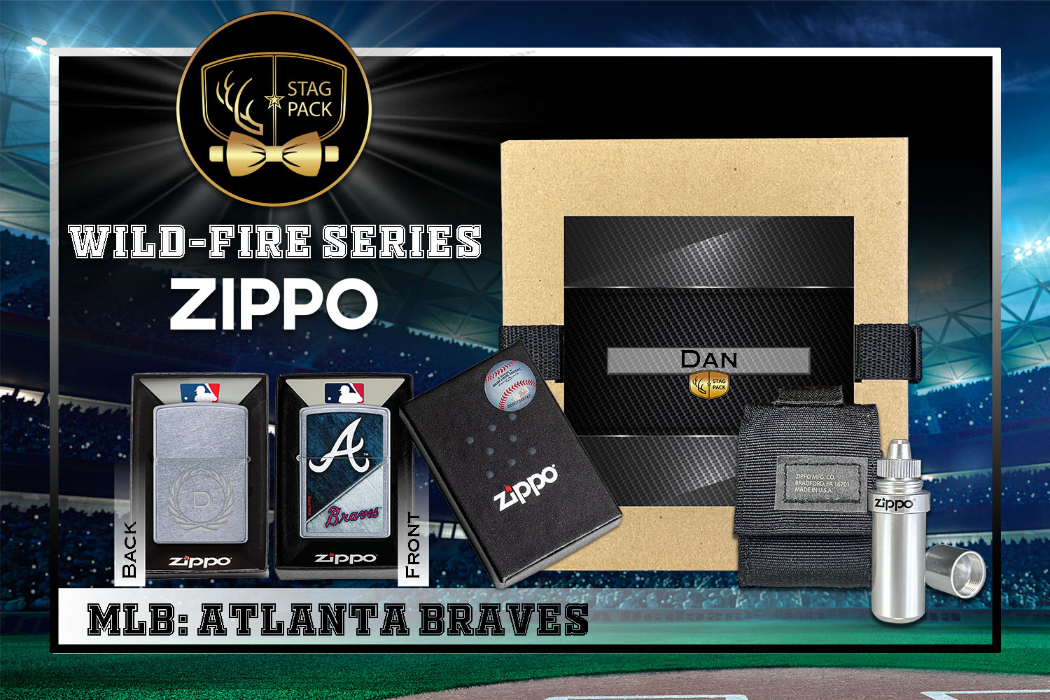 Custom Engraved Groomsmen Gift with MLB Windproof Zippo Lighter, a Fluid Canister and Pouch Gift-Pack in a Personalized Gift Box.