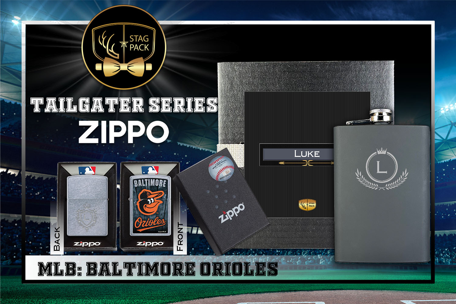 Custom Engraved Groomsmen Gift with Flask & Zippo Windproof Lighter in a Personalized Gift Box.