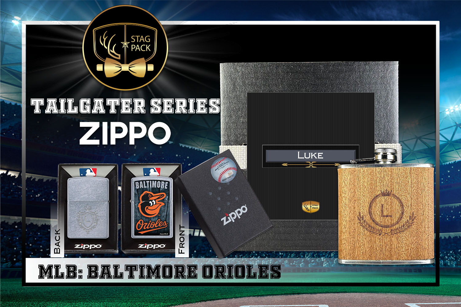 Custom Engraved Groomsmen Gift with Flask & Zippo Windproof Lighter in a Personalized Gift Box.