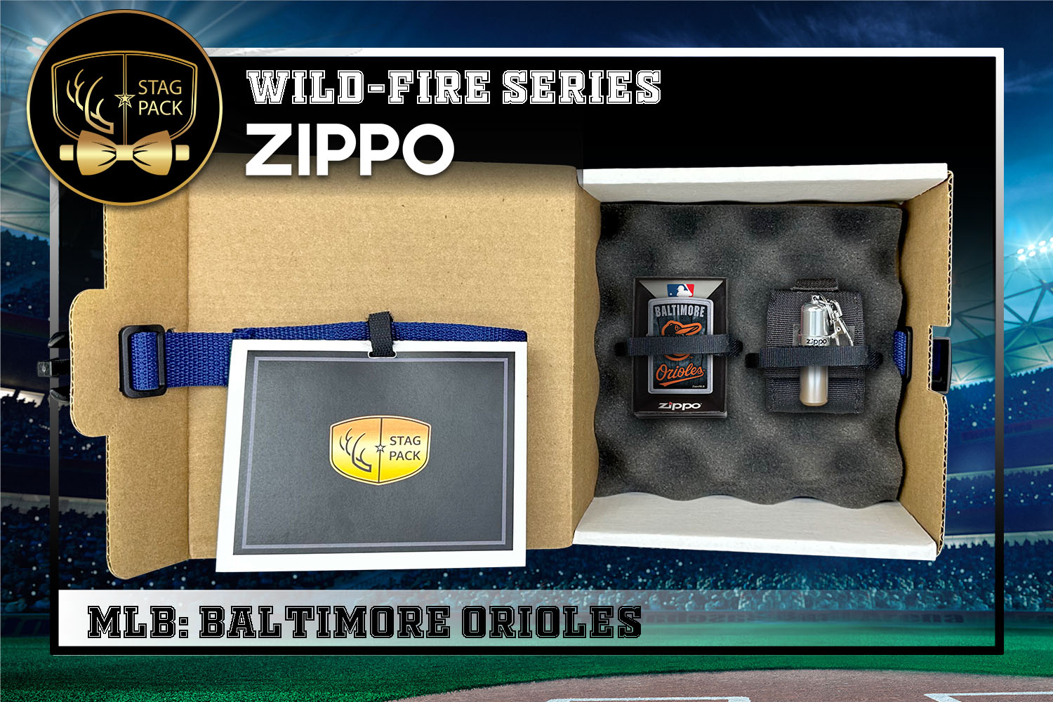 Custom Engraved Groomsmen Gift with MLB Windproof Zippo Lighter, a Fluid Canister and Pouch packaged in a Personalized Gift Box with a Message Card.