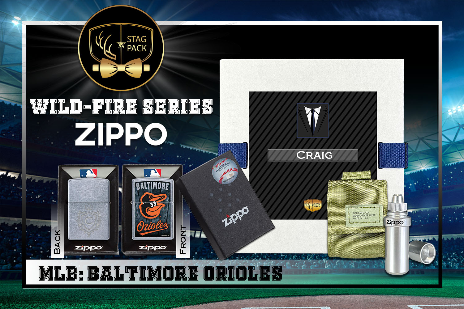 Custom Engraved Groomsmen Gift with MLB Windproof Zippo Lighter, a Fluid Canister and Pouch Gift-Pack in a Personalized Gift Box.